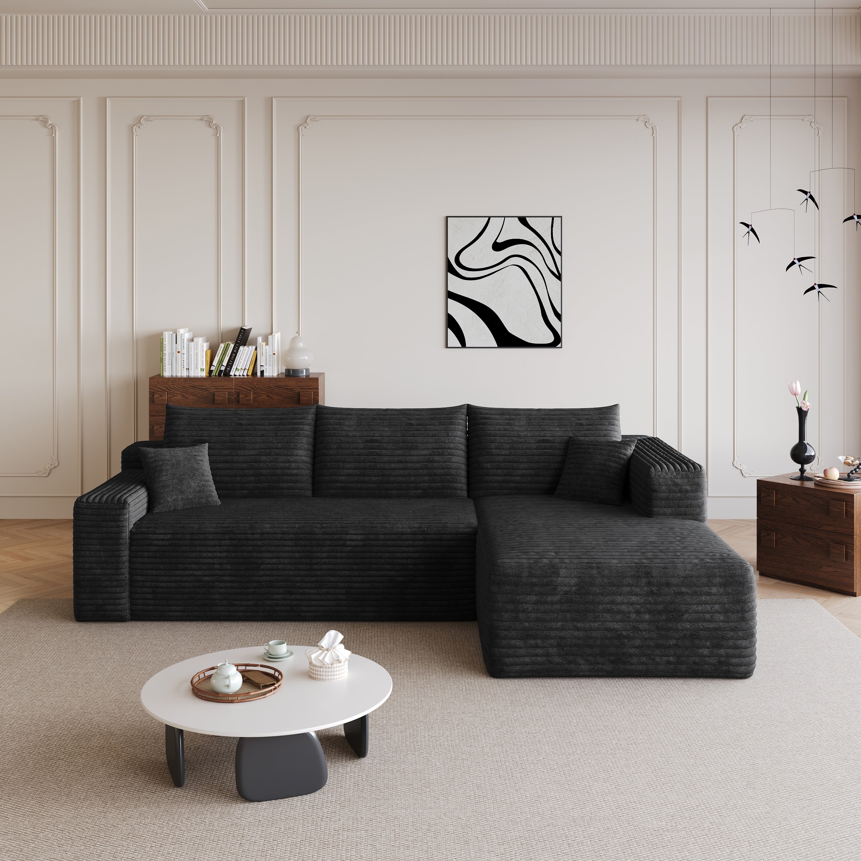95' Cloud Sectional Sofa,Modern Minimalist Upholstered Couches, Comfort U Shaped Sofa for Living Room,Deep Seat Corner Couch,No Assembly Required,Black (Plush Corduroy Fabric) - Grand Goldman Shop