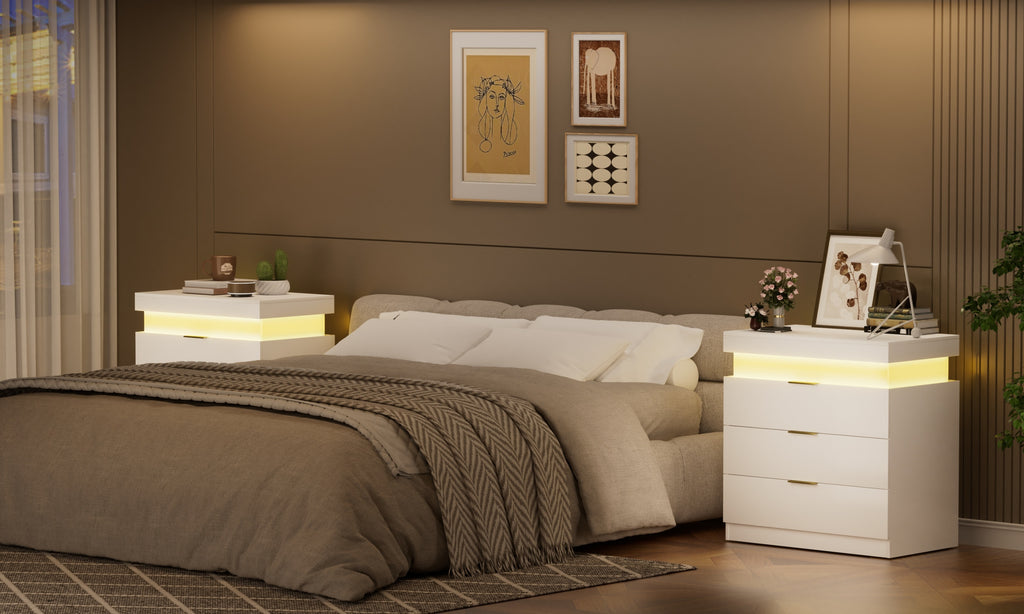 Nightstand with Charging Station and LED Lights,Night Stand with Sliding Top for Bedroom,Bedside Table with Drawers,Modern End Side Table,White.28.8''W x 17''D x 30.5''H. - Grand Goldman Shop