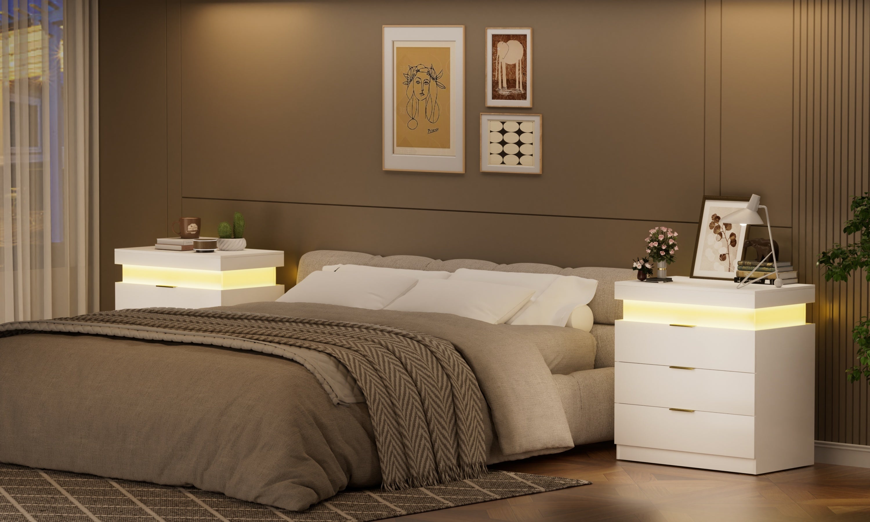Nightstand with Charging Station and LED Lights,Night Stand with Sliding Top for Bedroom,Bedside Table with Drawers,Modern End Side Table,White.28.8''W x 17''D x 30.5''H. - Grand Goldman Shop