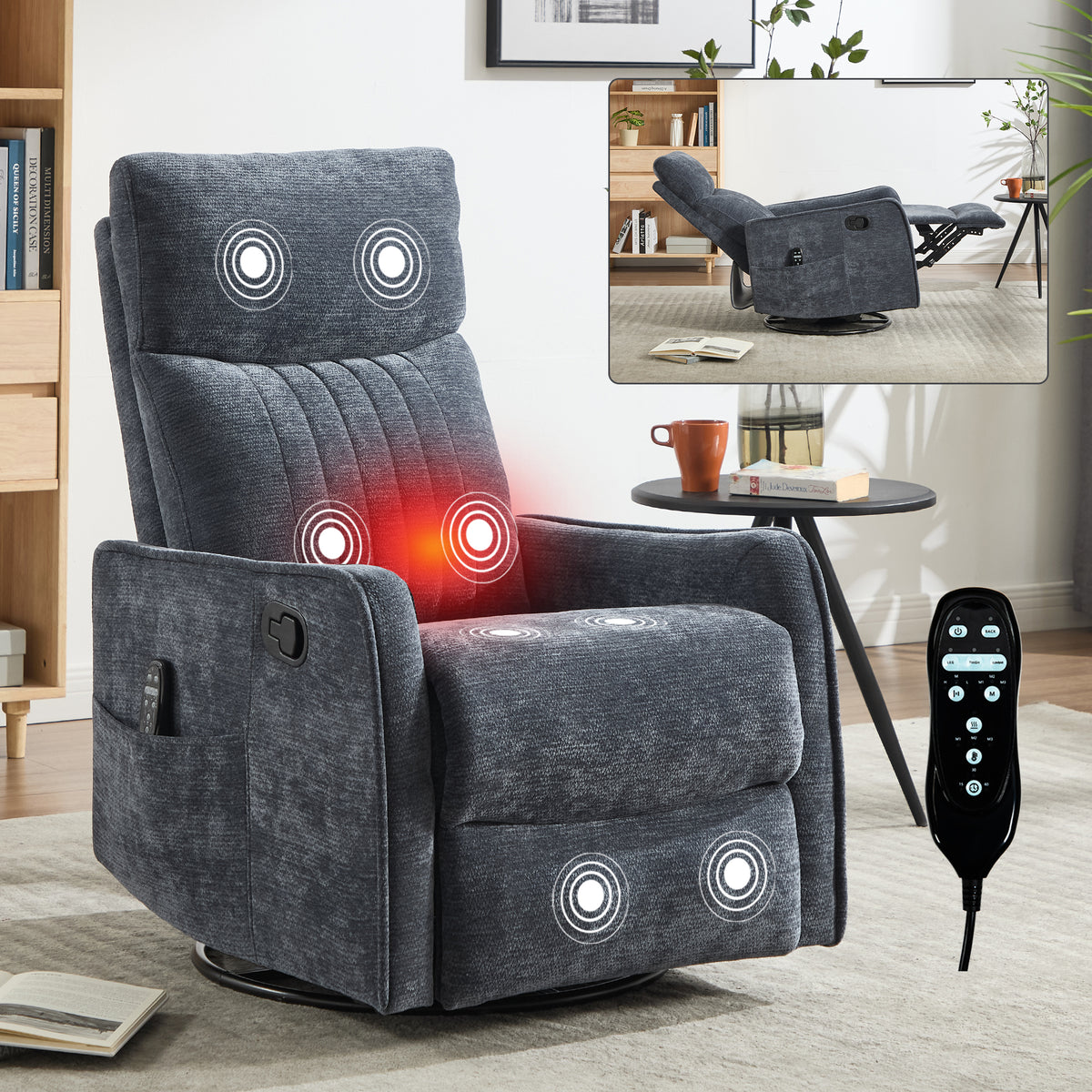 Blue Heat Massage Manual Recliner Chair with Rocker and Swivel in Fabric for Living Room - Grand Goldman Shop