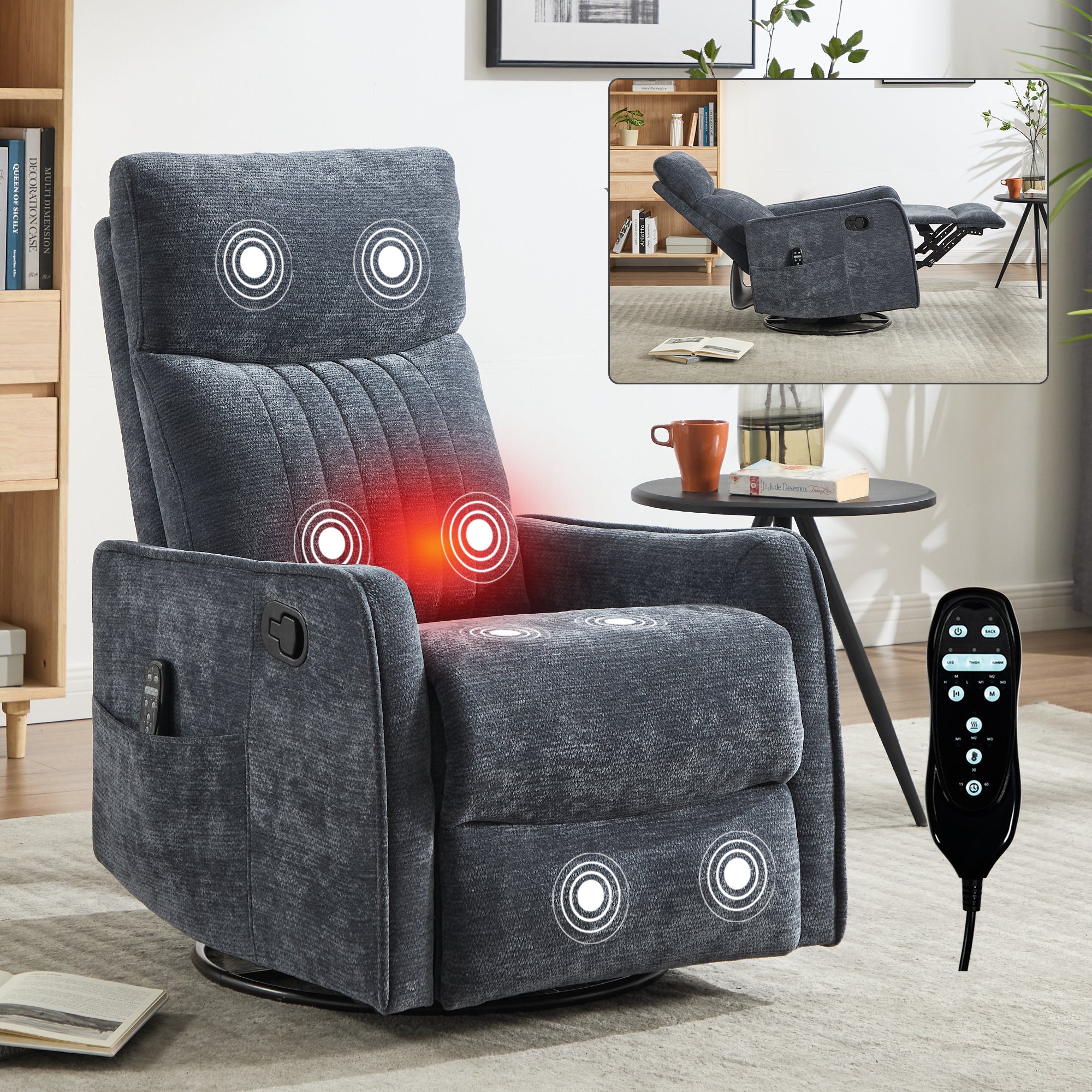 Blue Heat Massage Manual Recliner Chair with Rocker and Swivel in Fabric for Living Room - Grand Goldman Shop