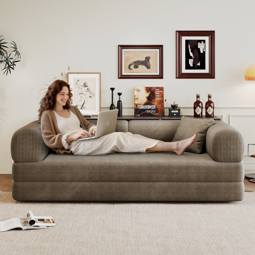 78.8' Compression Sofa,Convertible Floor Sofa Bed-with Pillow Back Support Armrest,Comfy Futon Couch Sleeper Bed,Loveseats Boneless Modular Sectional Sofa,Corduroy fabric,for Living Room,Bedroom,Camel - Grand Goldman Shop