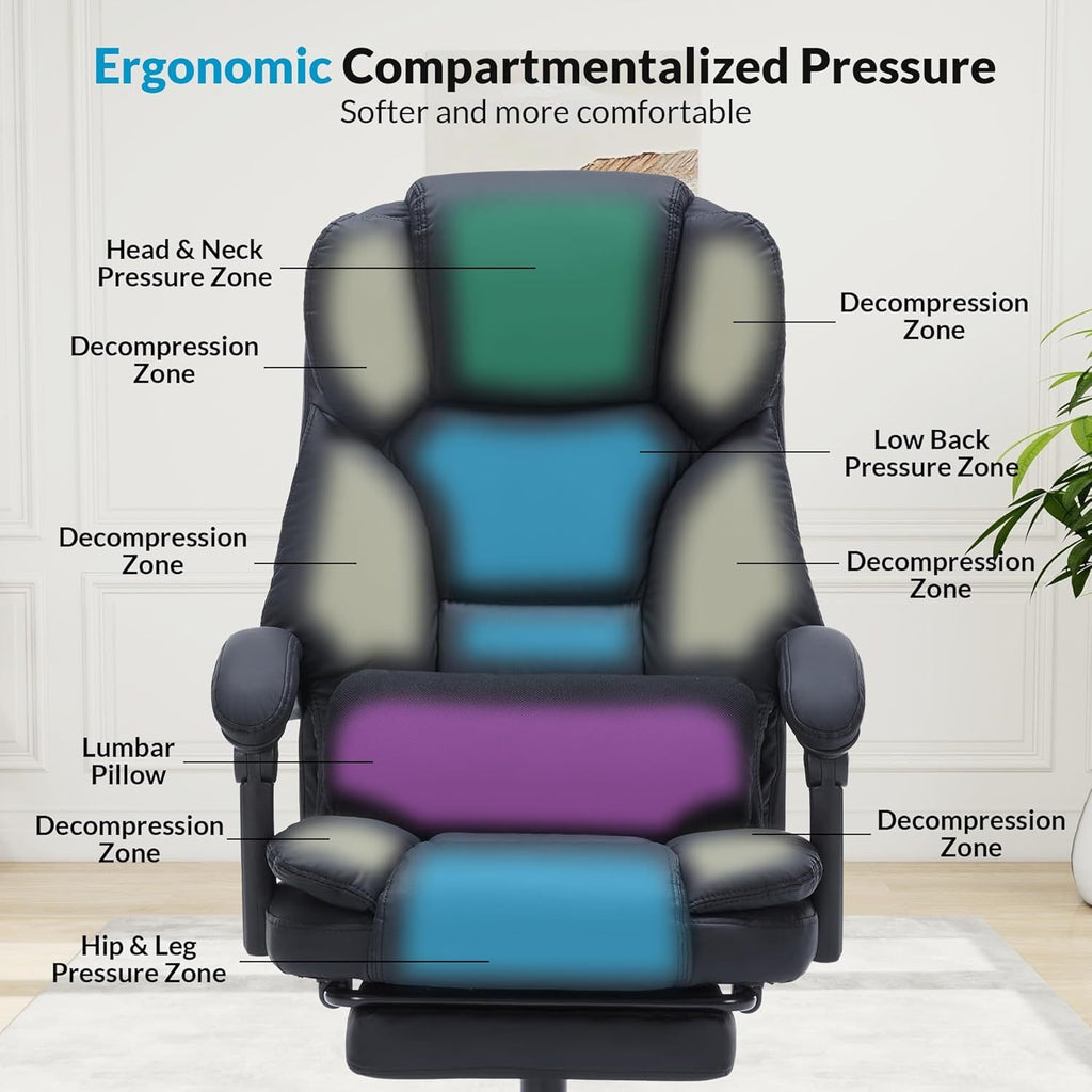 Office Chair with Foot Rest, Executive Office Chair with Arms, Reclining Computer Chair with Wheels and Lumbar Support, PU Le