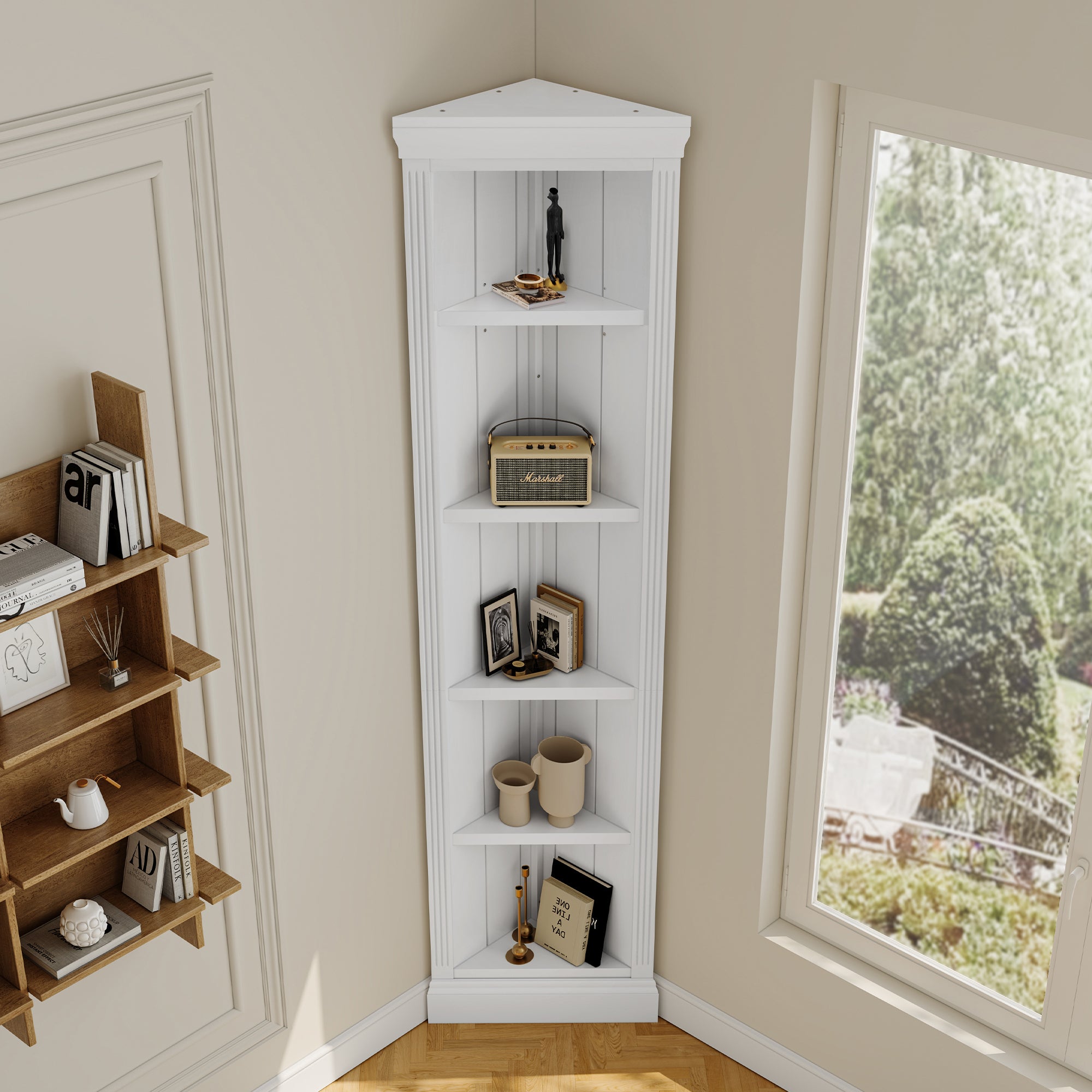 83.4'Tall Modern Corner Shelf,5 Tier Corner Bookcase, Storage Standing Shelf Unit, Open Corner Plant Display Stand for Small Space for Living Room,Wall Corner, Home Office,White - Grand Goldman Shop