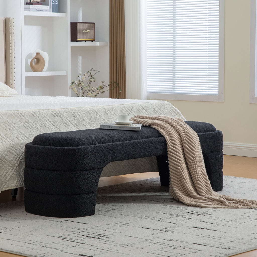 64.96'Wide Modern Upholstered Armless Upholstered Bedroom Benches End of Bed Bench for Entryway, Chenille Ottoman Foot Stool for Living Room and Bedroom, Entryway, Black Boucle - Grand Goldman Shop