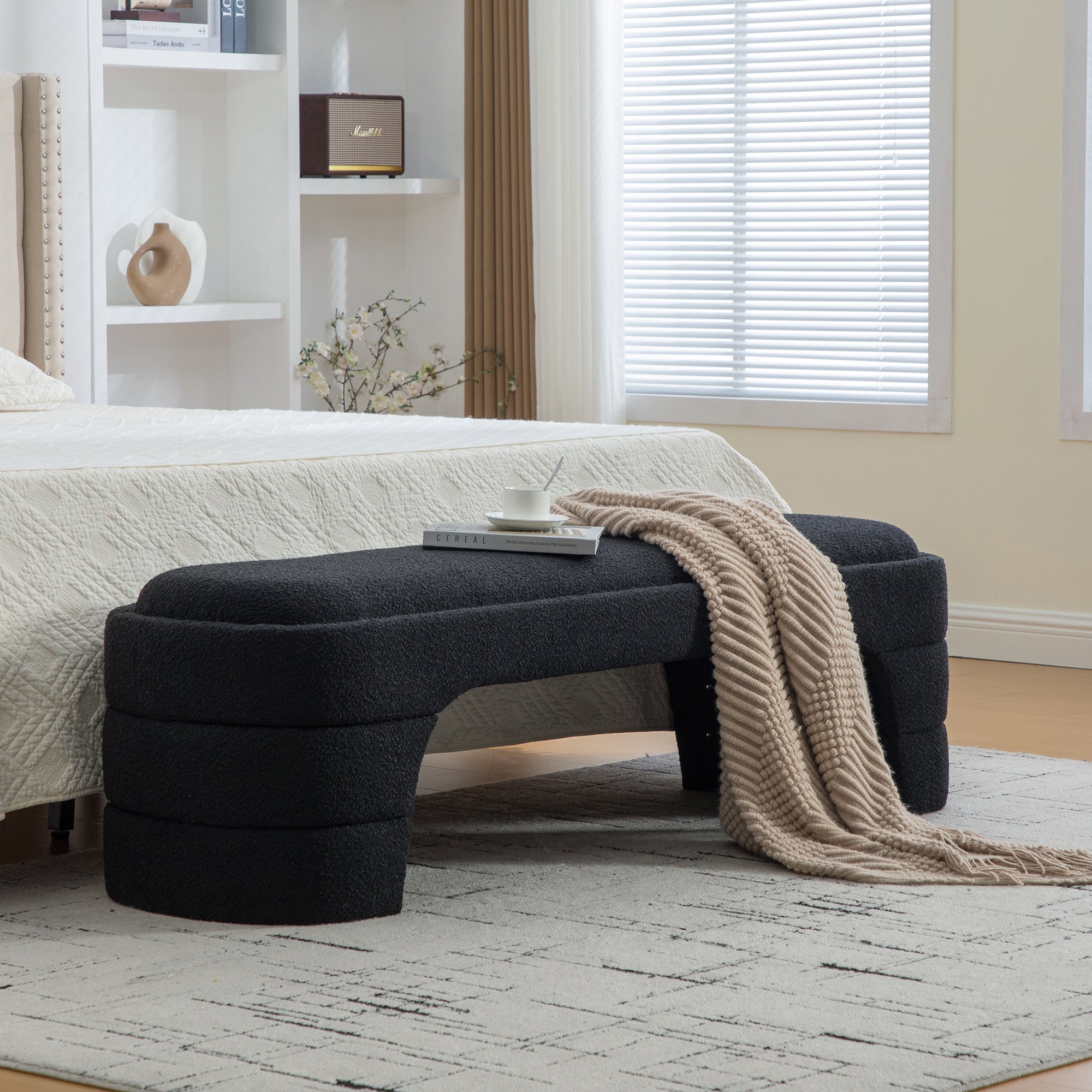 64.96'Wide Modern Upholstered Armless Upholstered Bedroom Benches End of Bed Bench for Entryway, Chenille Ottoman Foot Stool for Living Room and Bedroom, Entryway, Black Boucle - Grand Goldman Shop