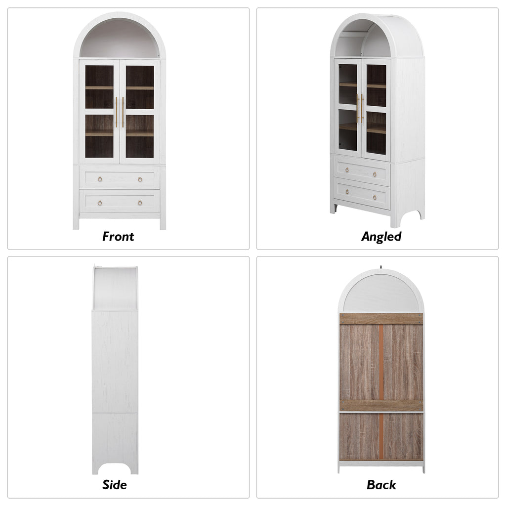 K&K 71' Tall Arched Kitchen Pantry Cabinet with 2 Large Drawers, Modern Farmhouse Kitchen Storage Cabinets with Adjustable Shelves, Glass Door, Wood Versatile Cupboard for Kitchens, Dining Room, White - Grand Goldman Shop