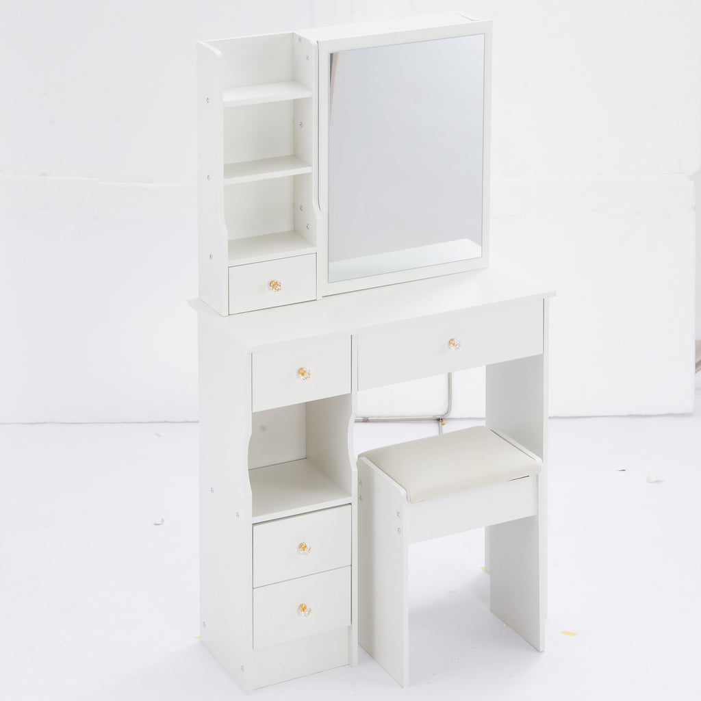29.2' Small Space Left Drawer Desktop Vanity Table + Cushioned Stool, Extra Large Right sliding mirror, Multi Layer High Capacity Storage, Practical Fashionable Dresser, Suitable For Small Space - Grand Goldman Shop