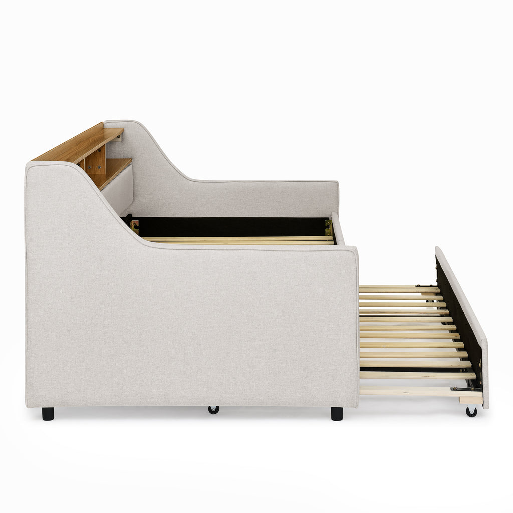 Beige Linen Upholstered Twin Sofa Bed with LED Lights, Wireless Charging, Adjustable Headboard Storage & Foldable Trundle, 80.5''x46''x34'' - Grand Goldman Shop