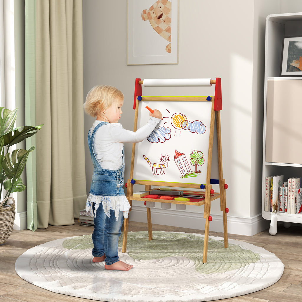 Qaba Easel for Kids, 3 in 1 Kids Art Easel with Paper Roll, Whiteboard, Chalkboard, Double Sided & Adjustable Height Wooden T