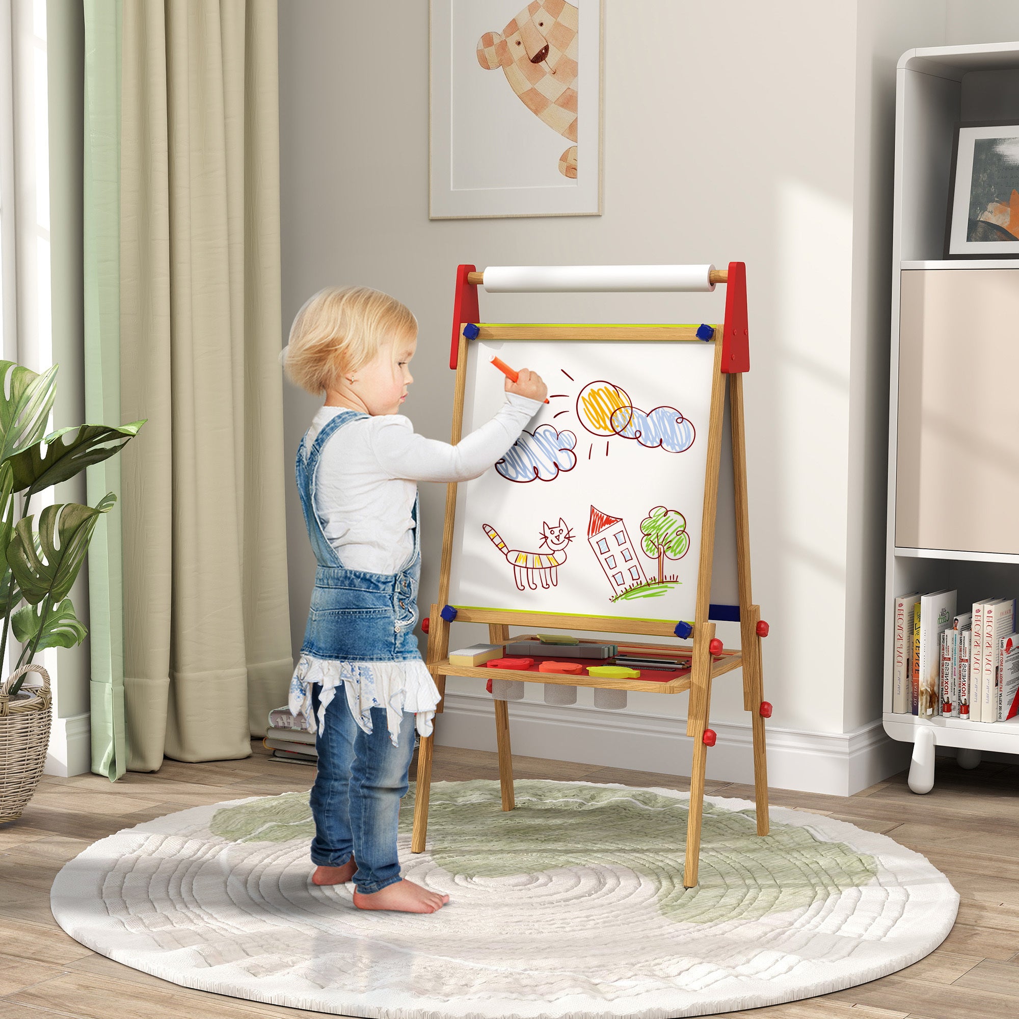 Qaba Easel for Kids, 3 in 1 Kids Art Easel with Paper Roll, Whiteboard, Chalkboard, Double Sided & Adjustable Height Wooden T