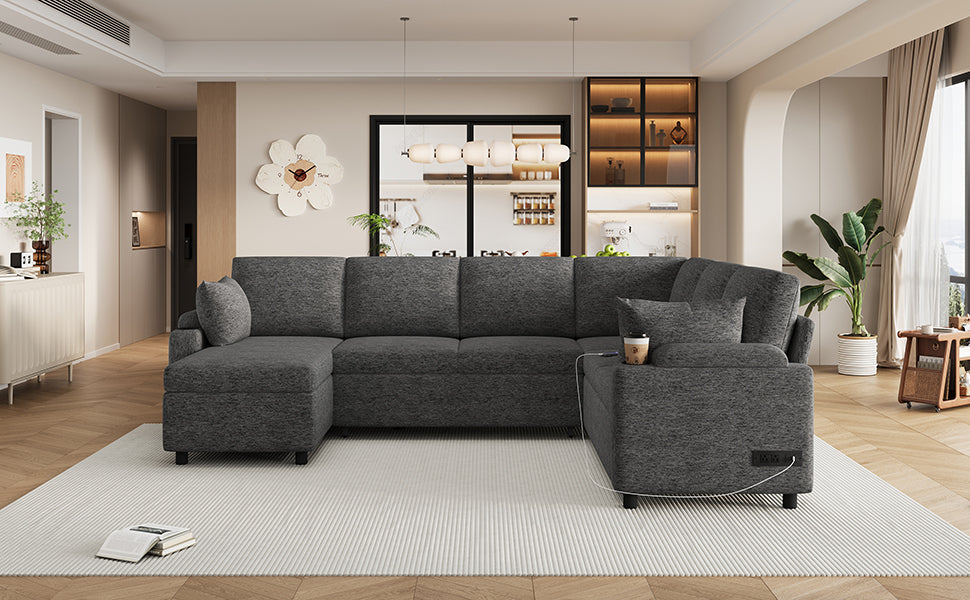 Versatile U-Shaped Sectional Sofa Bed with Storage, Cup Holders, Charging Ports in Grey Chenille - Grand Goldman Shop