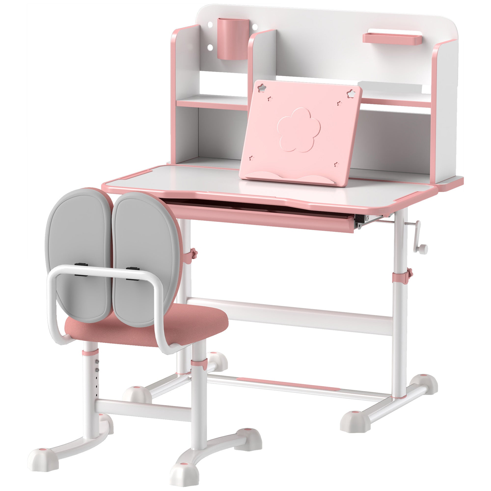 Qaba Kids Desk and Chair Set, Height Adjustable Kids School Study Desk and Chair Set with Tilt Desktop, Storage Drawer and Re