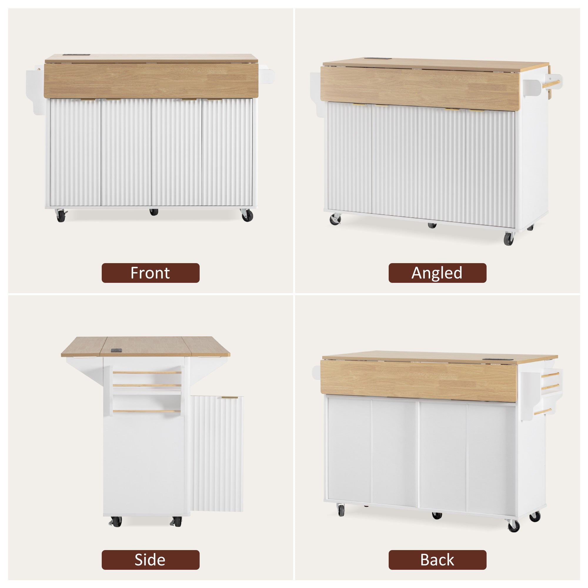 K&K 55.5' Fluted Kitchen Island with 2 Drop Leaf, Kitchen Storage Cart with Power Outlet, 4 Doors, Spice rack, Rolling Island Table with Wood-grain Top, Curved Edge for Kitchen, Dining Room,White - Grand Goldman Shop