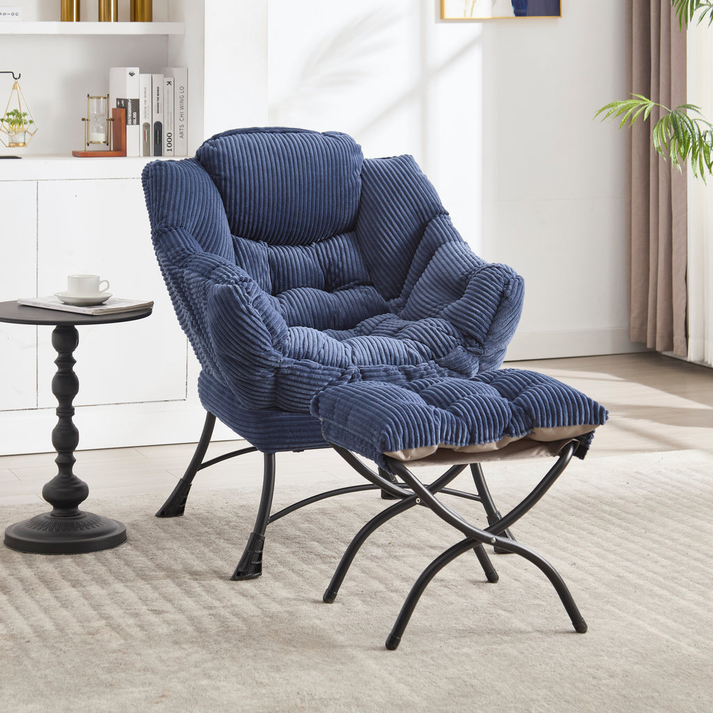 Lazy Chair with Ottoman, Modern Lounge Accent Chair with Armrests and a Side Pocket, Leisure Upholstered Sofa Chair Reading Chair with Footrest for Small Space, Corner Chair-Navy blue - Grand Goldman Shop