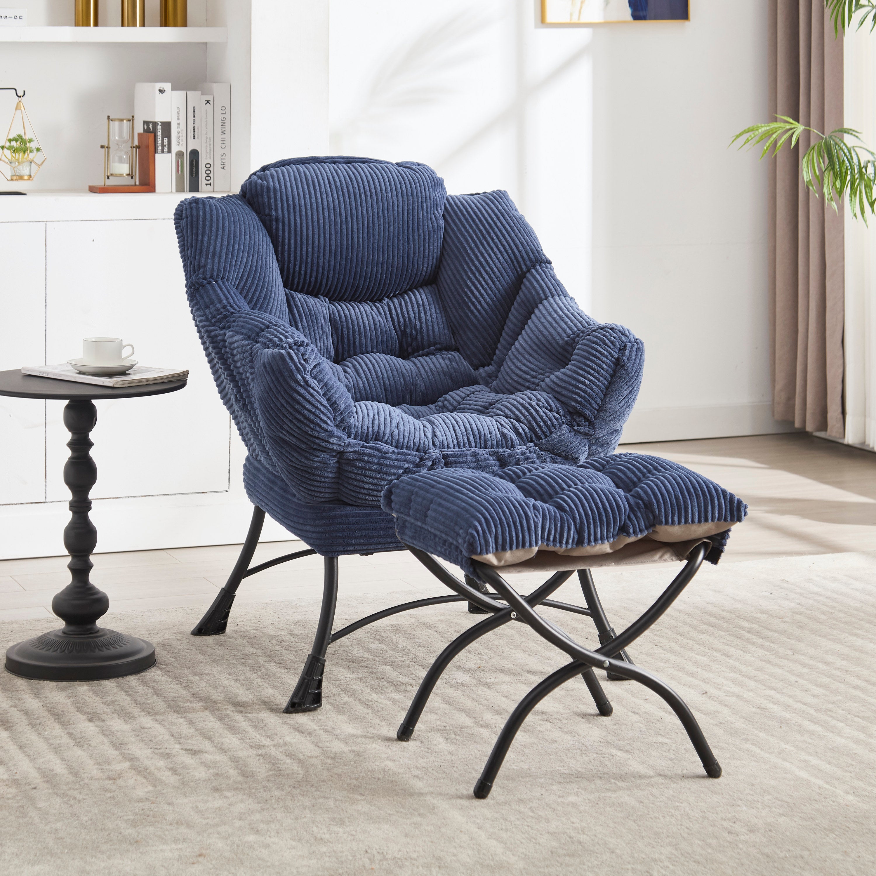 Lazy Chair with Ottoman, Modern Lounge Accent Chair with Armrests and a Side Pocket, Leisure Upholstered Sofa Chair Reading Chair with Footrest for Small Space, Corner Chair-Navy blue - Grand Goldman Shop