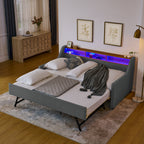 Grey Linen Upholstered Twin Sofa Bed with LED Lights, Storage Headboard, Foldable Trundle & Wireless Charging - Grand Goldman Shop