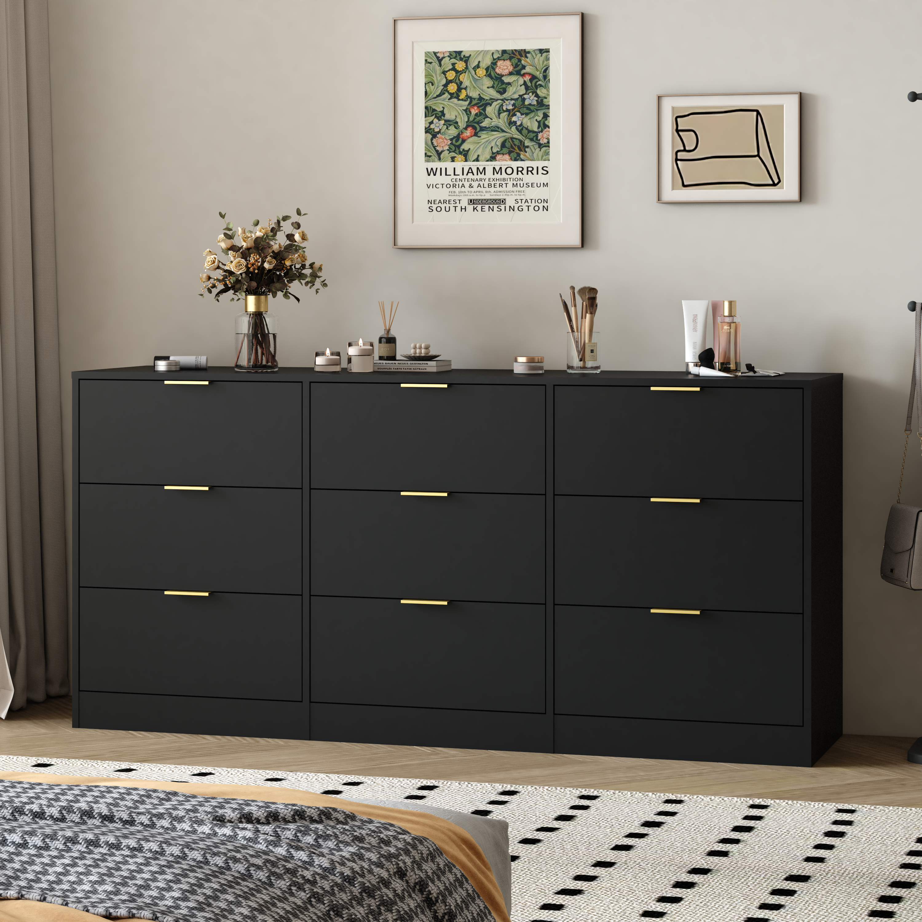 Black 9 Drawer Dresser, 63' Large Deep Chest of Drawers, Wooden Dresser Storage Cabinet with 9 Drawers for Bedroom, Long Dressers for Living Room, Hallway - Grand Goldman Shop