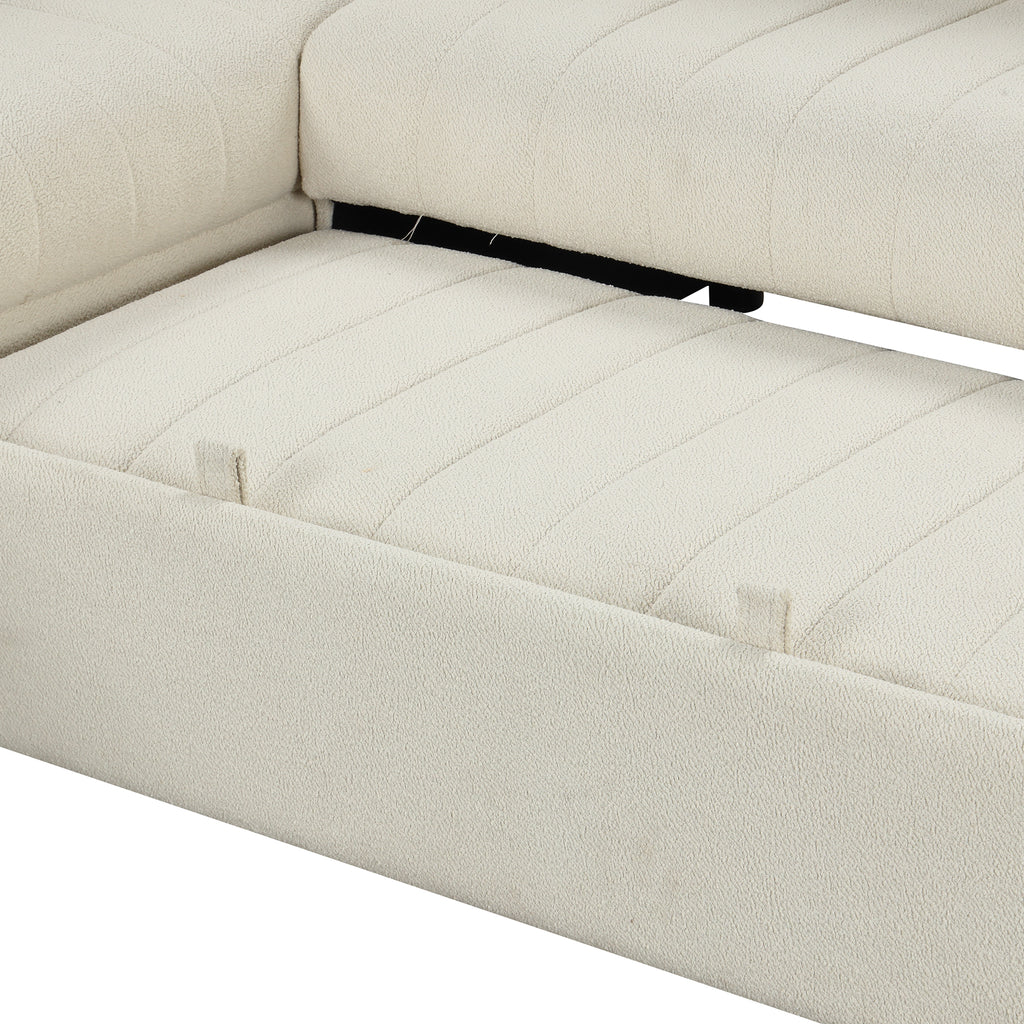 Modern L-shaped Sectional Pull Out Sofa Bed with USB Ports and Storage Ottoman, Beige, Jacquard Fabric, 82.6' - Grand Goldman Shop