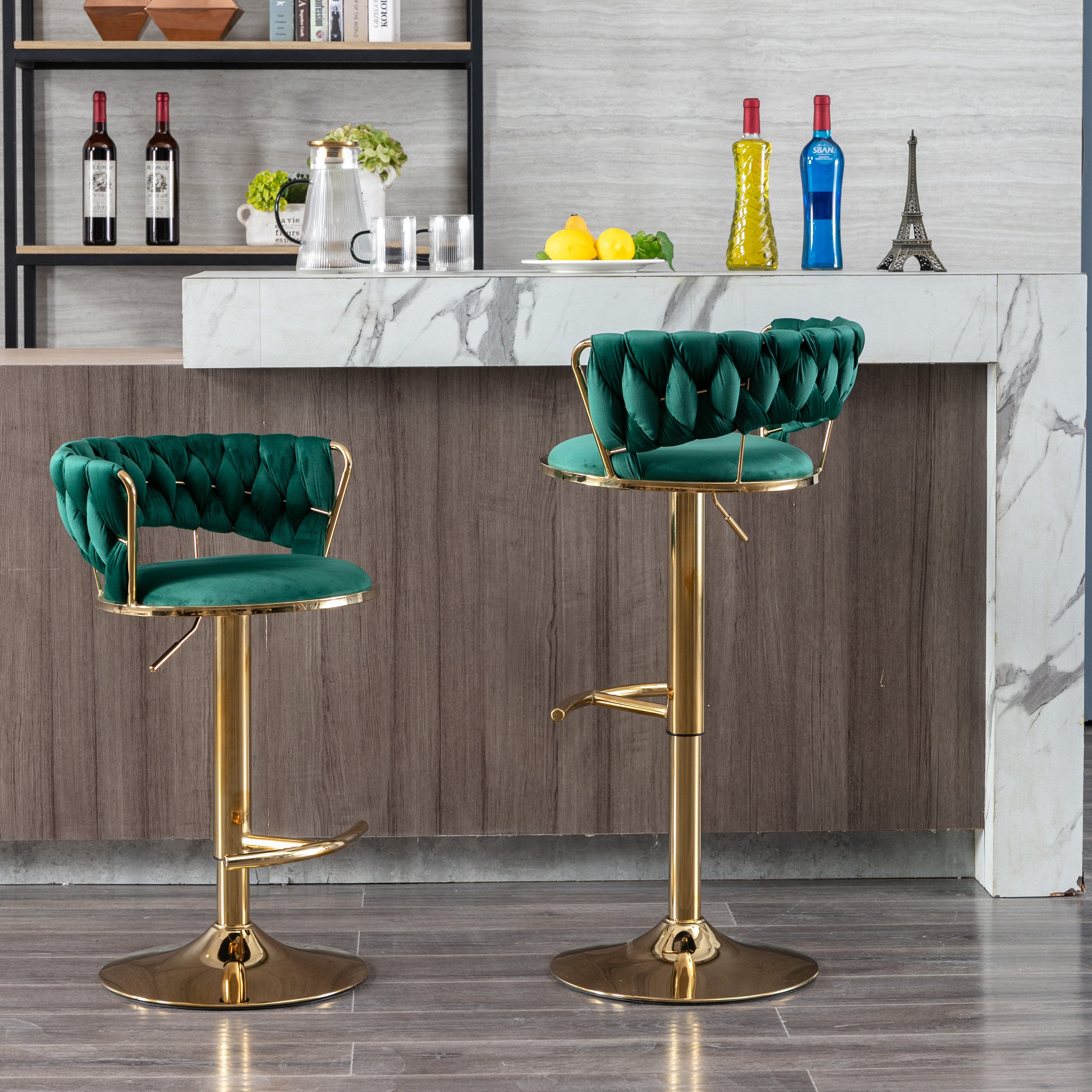 Set of 2  Bar Stools,with Chrome Footrest and Base Swivel Height Adjustable Mechanical Lifting Velvet + Golden Leg Simple Bar Stool-Green - Grand Goldman Shop