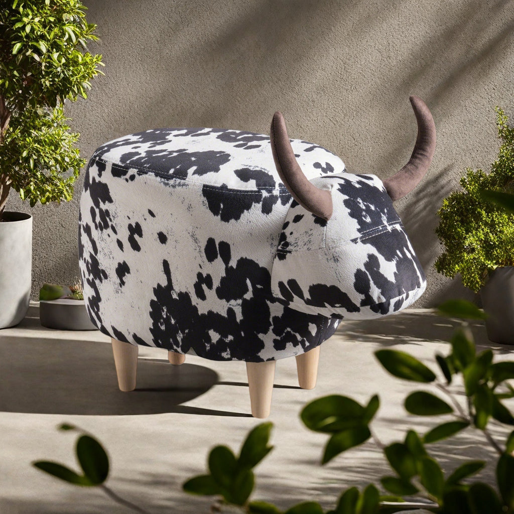 Cow-Shaped Ottoman Footstool, Black and White Modern Accent Stool with Velvet Horns, Fabric Body, Birch Legs - Grand Goldman Shop