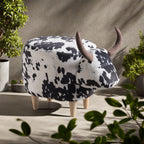 Cow-Shaped Ottoman Footstool, Black and White Modern Accent Stool with Velvet Horns, Fabric Body, Birch Legs - Grand Goldman Shop