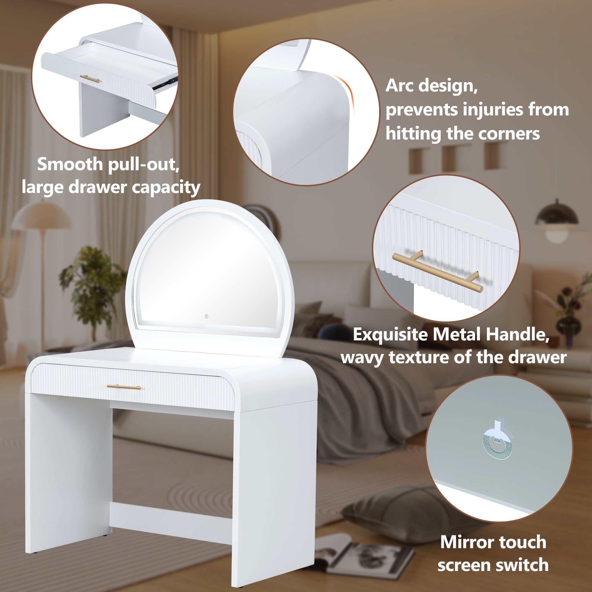 39' Makeup Vanity Table with Mirror Touch Screen Lighted Mirror, Dressing Table with Drawer for Bedroom, White - Grand Goldman Shop