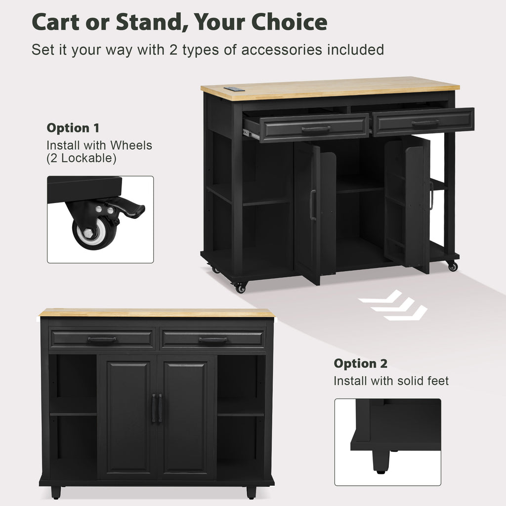 K&K 47 inch Kitchen Island with Extendable Dining Table, Rubber Wood Veneer Kitchen Table with Internal Storage Rack, Power Outlet, Kitchen island with Storage 2 Drawers 2 Cabinet, Black - Grand Goldman Shop