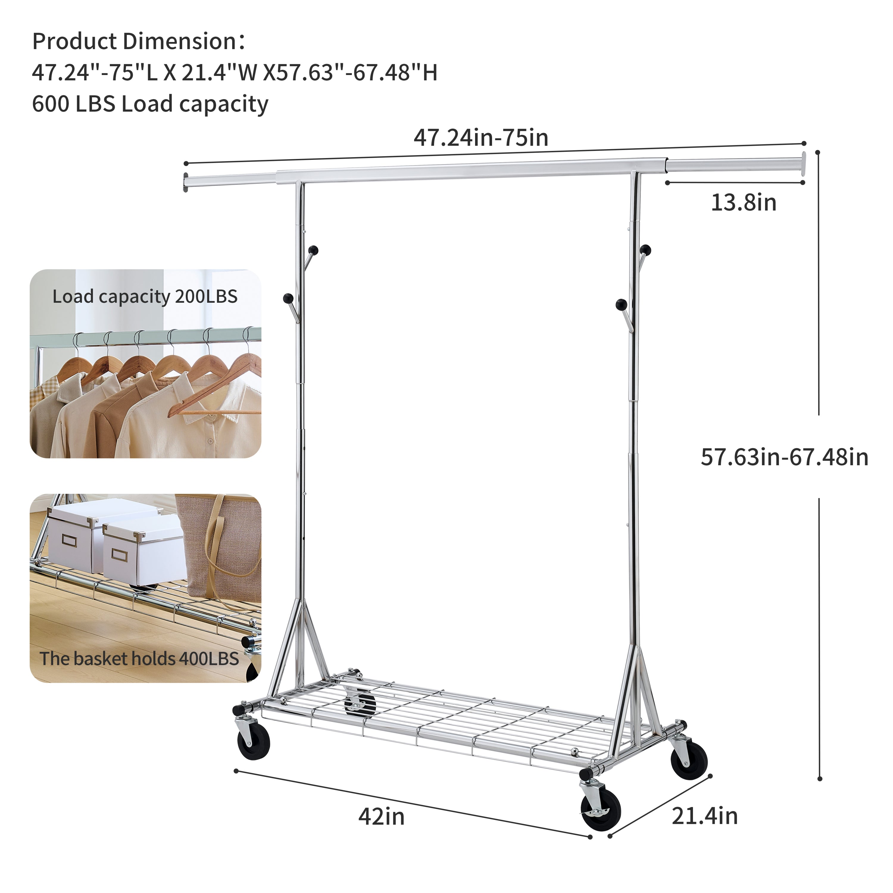 Clothes Rack Heavy Duty Clothing Rack 600LBS Rolling Clothes Racks for Hanging Clothes,  Commercial Garment Rack Heavy Duty Clothes Rack Collapsible ＆ Portable Clothing Rack with Wheels - Grand Goldman Shop