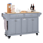 Kitchen Island with Rubber wood Countertop, Kitchen Cart on 5 Wheels with Storage Cabinet and 2 Top Drawers and A center double layered storage drawer for Dinning Room, Grey - Grand Goldman Shop
