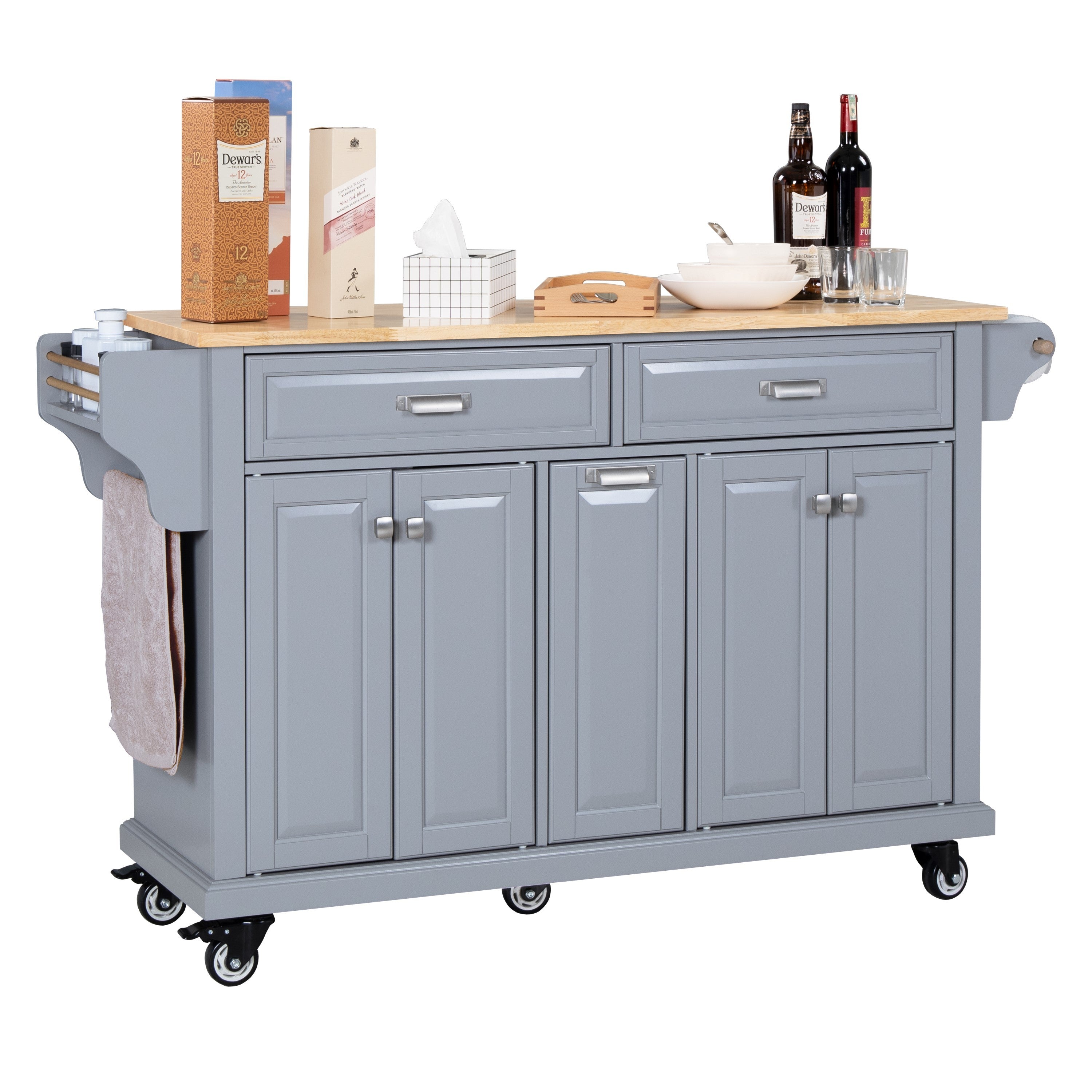 Kitchen Island with Rubber wood Countertop, Kitchen Cart on 5 Wheels with Storage Cabinet and 2 Top Drawers and A center double layered storage drawer for Dinning Room, Grey - Grand Goldman Shop