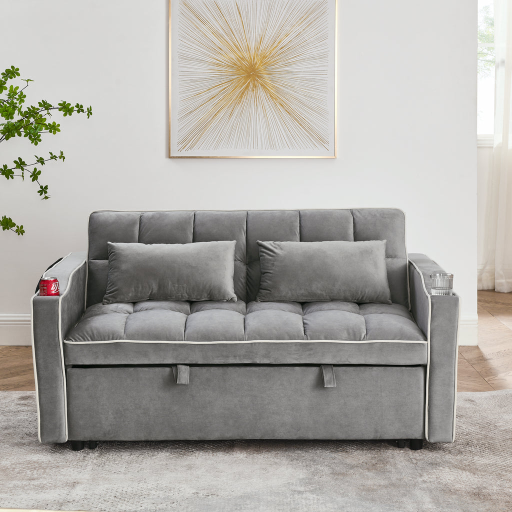 55.51 inch versatile foldable sofa bed in 3 lengths, modern sofa sofa sofa velvet pull-out bed, adjustable back and with USB port and ashtray and swivel phone stand (Grey) - Grand Goldman Shop