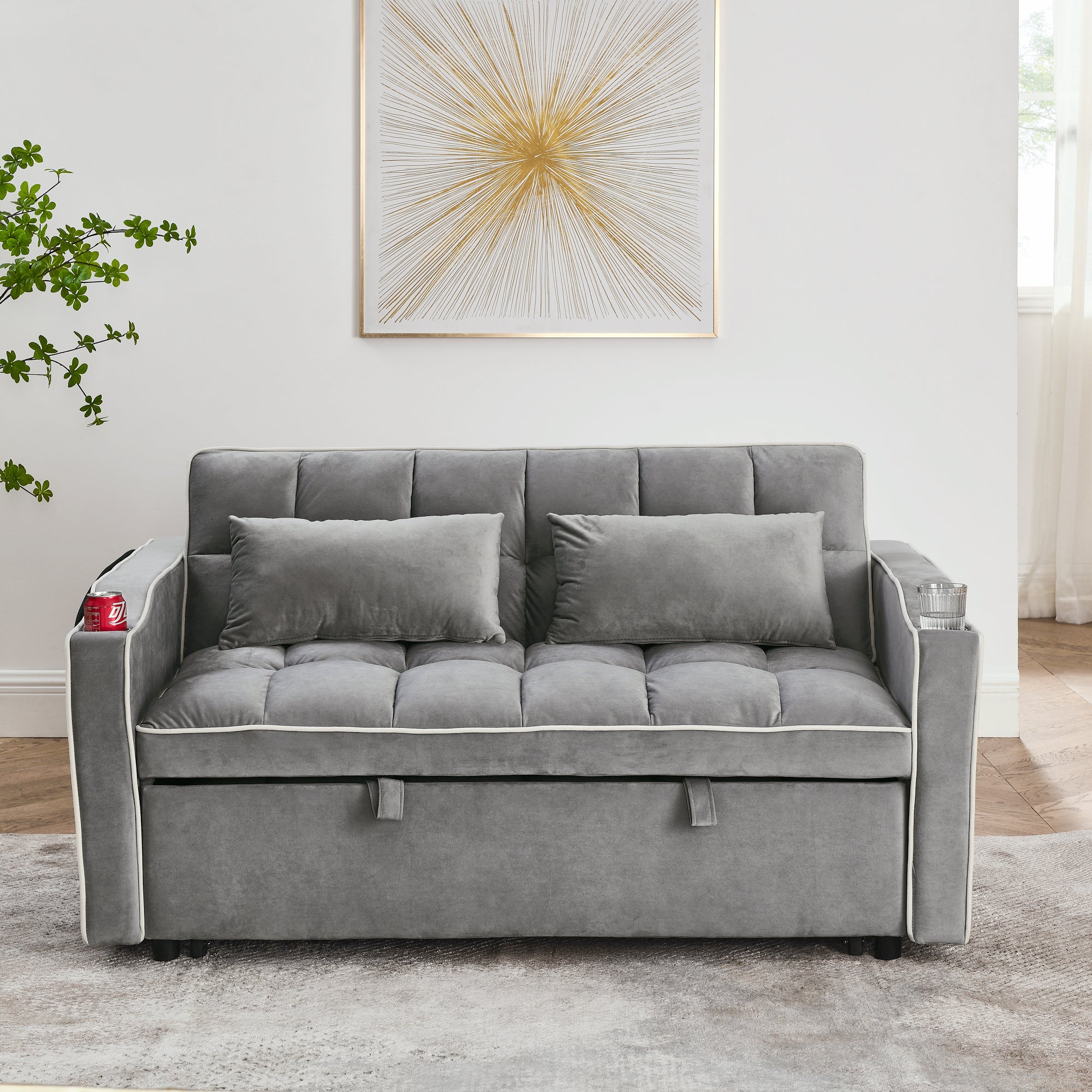 55.51 inch versatile foldable sofa bed in 3 lengths, modern sofa sofa sofa velvet pull-out bed, adjustable back and with USB port and ashtray and swivel phone stand (Grey) - Grand Goldman Shop
