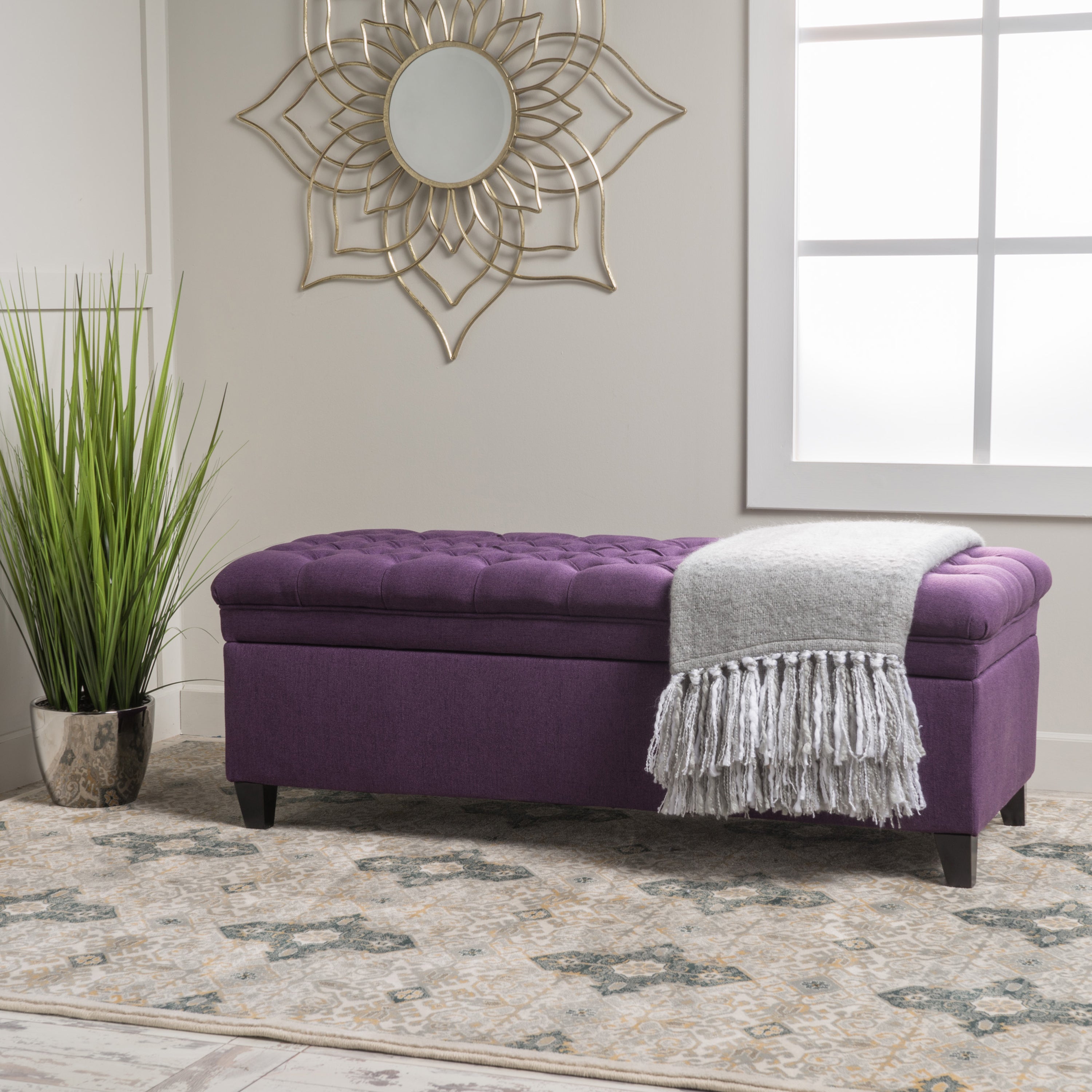 Juliana Storage Ottoman Purple Fabric with Birch Legs 50x20.5x18.3 Inch - Grand Goldman Shop