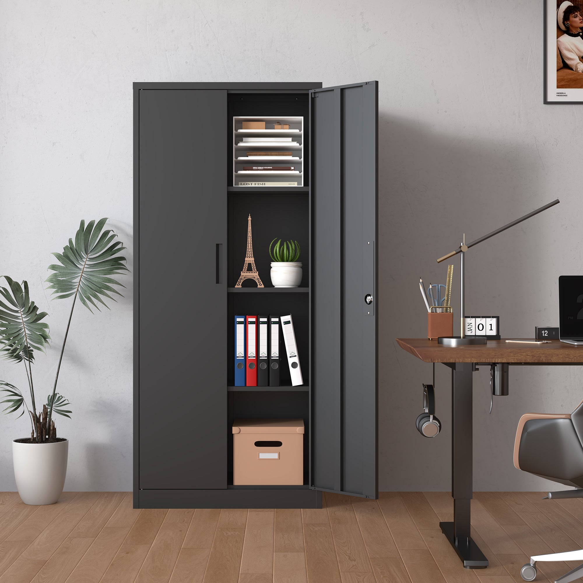 Heavy Metal Garage Storage Cabinet, Black Tool Steel Locking Cabinet with Doors and 3 Adjustable Shelves, 71 Inch Tall | Prem