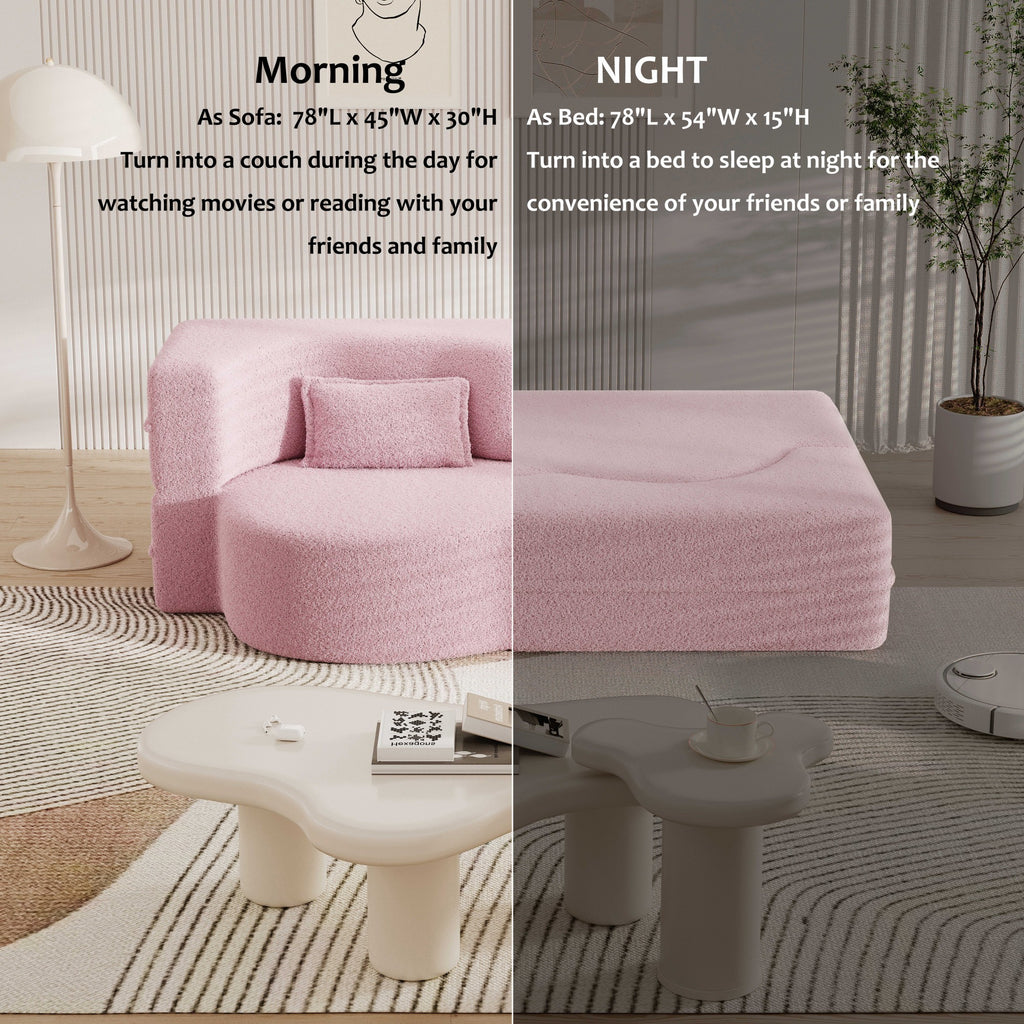 Modern Floor Sofa with 2 Pillows,Convertible Teddy Fabric Foam Filled Sleeper Sofa Bed,15 ' Full Size Folding Mattress for Living Room,Guest Bed,Playroom,No Assembly Required,Pink - Grand Goldman Shop