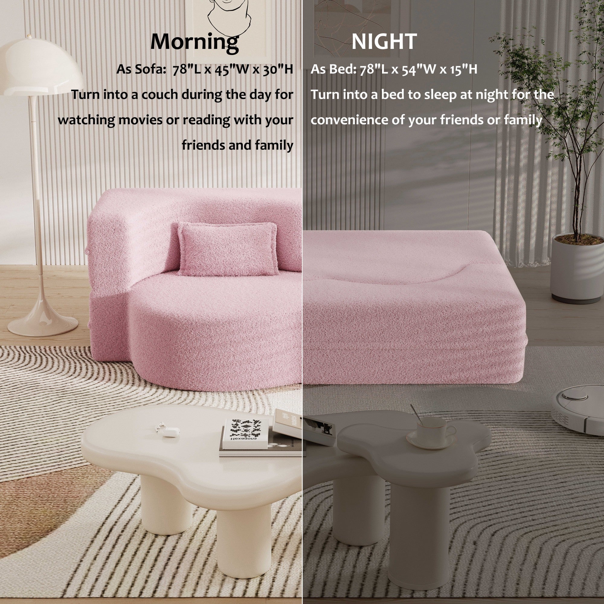 Modern Floor Sofa with 2 Pillows,Convertible Teddy Fabric Foam Filled Sleeper Sofa Bed,15 ' Full Size Folding Mattress for Living Room,Guest Bed,Playroom,No Assembly Required,Pink - Grand Goldman Shop