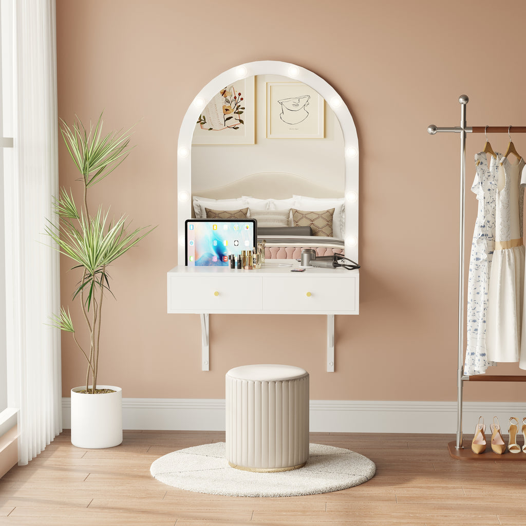 Floating Makeup Vanity Desk with Mirror & 3-Color Lights, Wall Dressing Table with Power Outlet, Compact vanity, Large Storage, White - Grand Goldman Shop