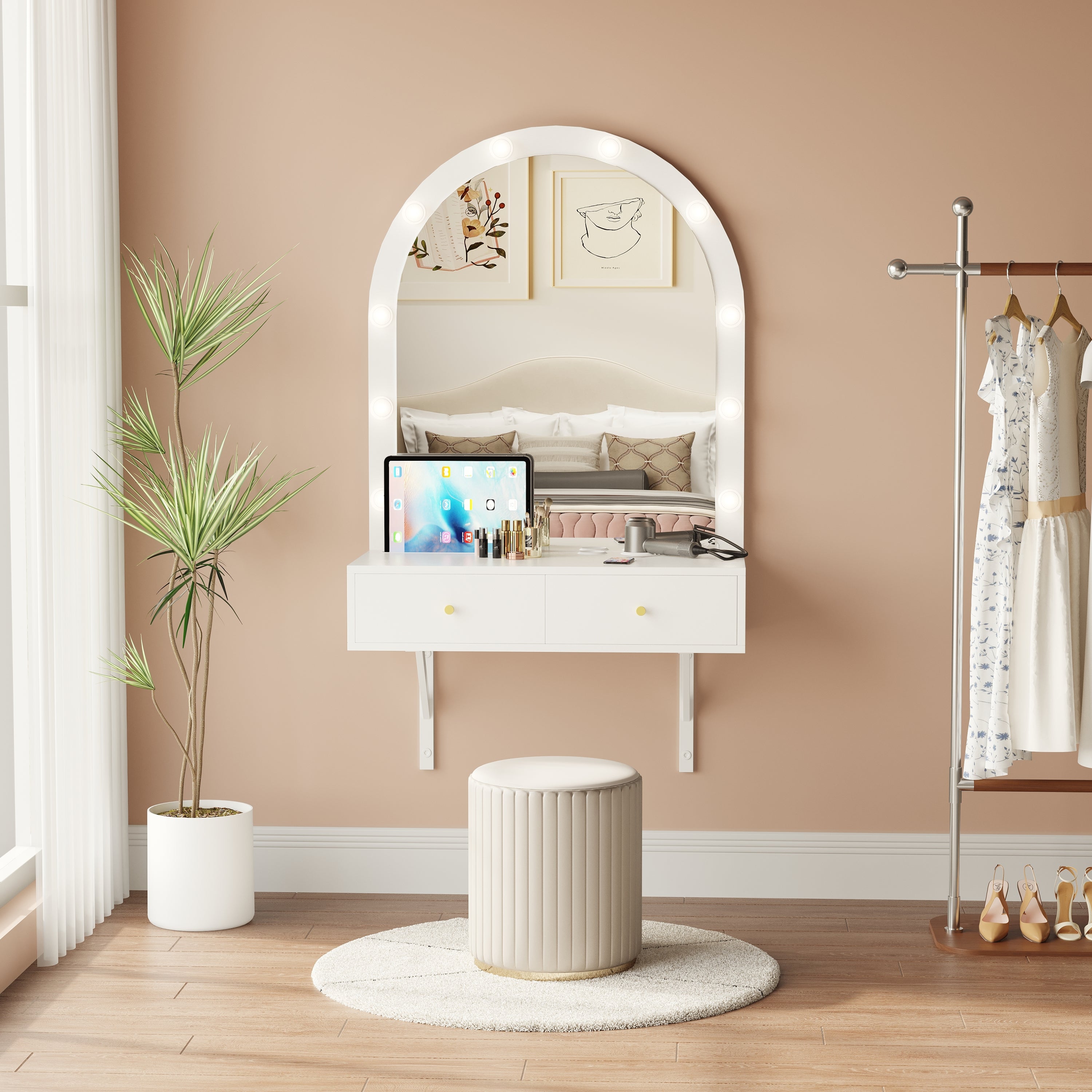 Floating Makeup Vanity Desk with Mirror & 3-Color Lights, Wall Dressing Table with Power Outlet, Compact vanity, Large Storage, White - Grand Goldman Shop
