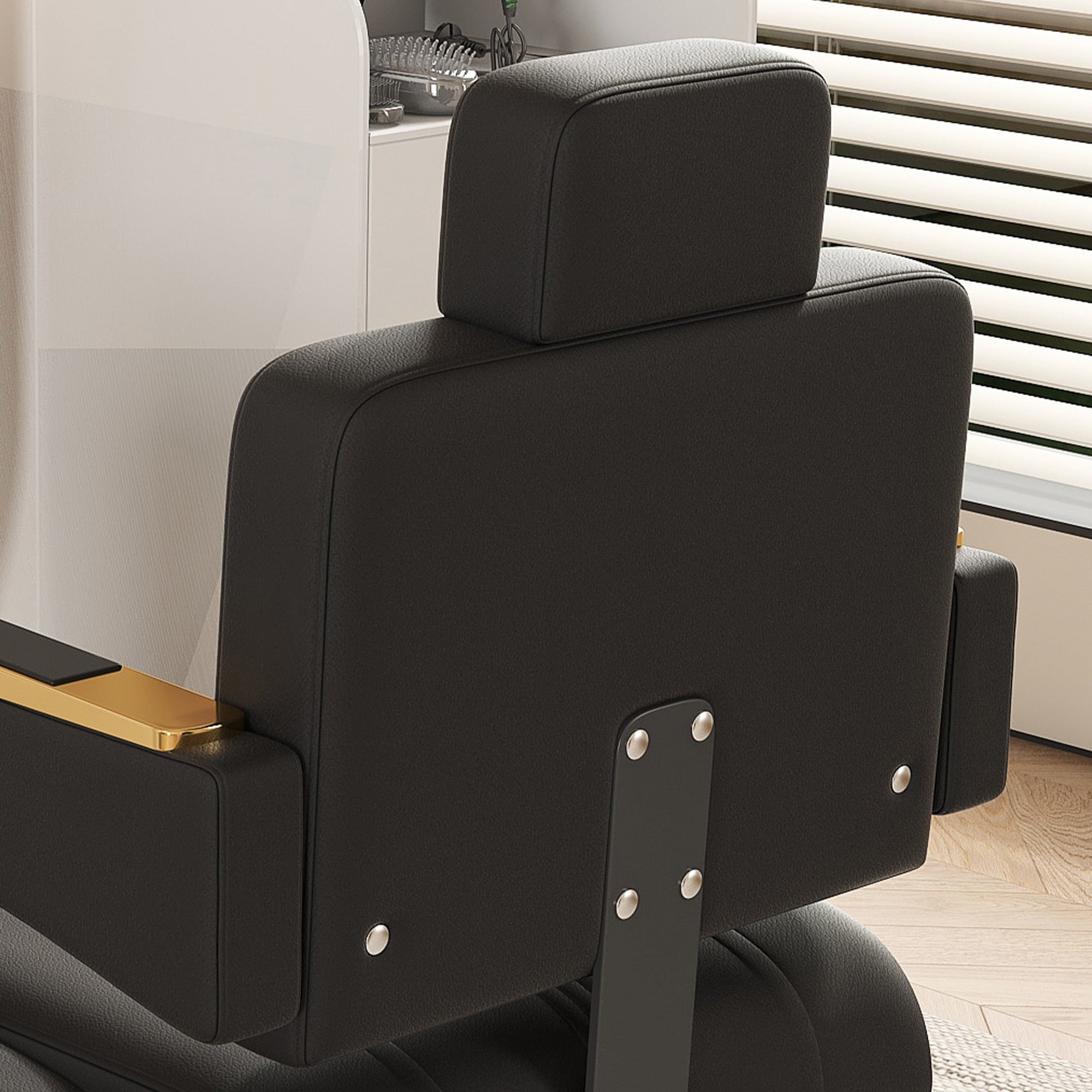Professional Hydraulic Barber Chair with 360° Swivel, Adjustable Height, Stainless Steel Armrests & Reclining Backrest in Black & Gold - Grand Goldman Shop