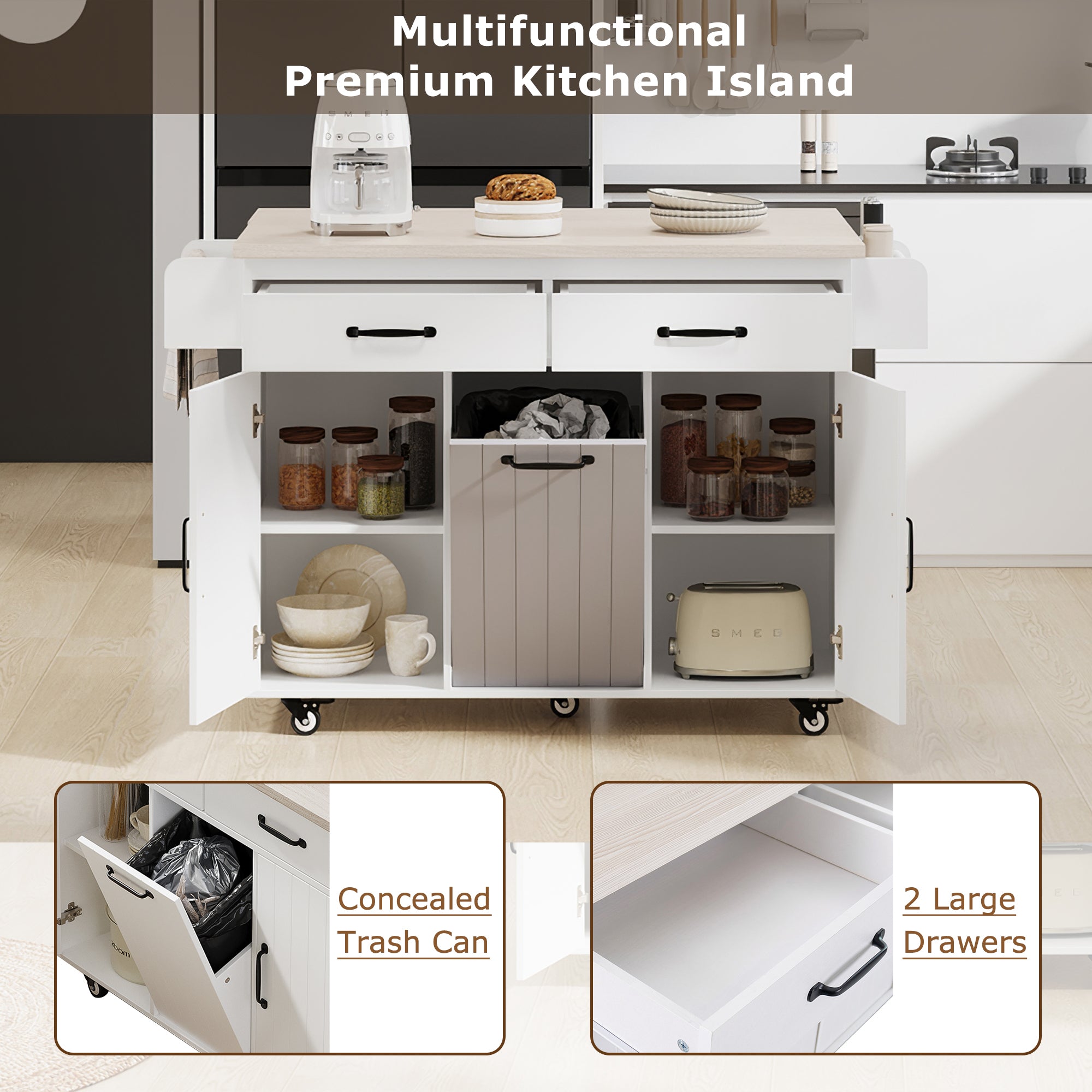K&K Kitchen Island with Trash Can Storage Cabinet, Kitchen Cart with Drop Leaf, Spice Rack, Towel Rack and Drawer, Rolling Kitchen Island on Wheels with Adjustable Shelf, White - Grand Goldman Shop
