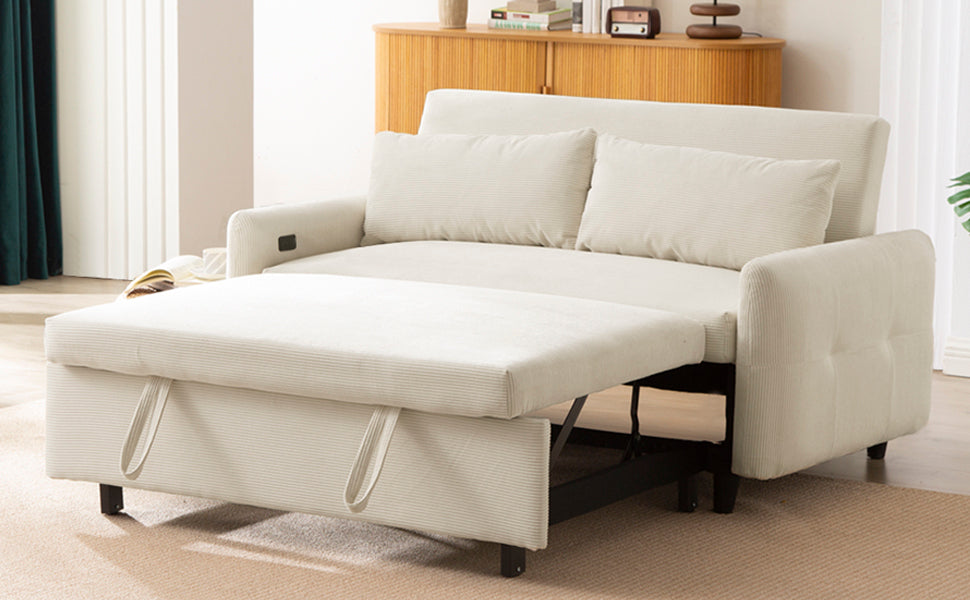 Modern Convertible Pull-out Sofa Bed with USB Ports and Pillows, Beige Corduroy, 57.48 inches - Grand Goldman Shop