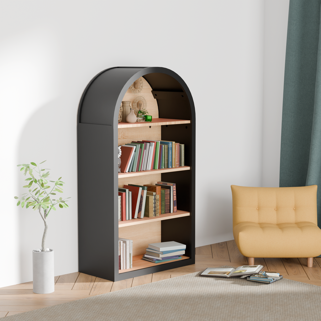 4-Tier Black Arched Bookshelf, 43' Tall Arched Bookcase with Storage Shelves - Grand Goldman Shop