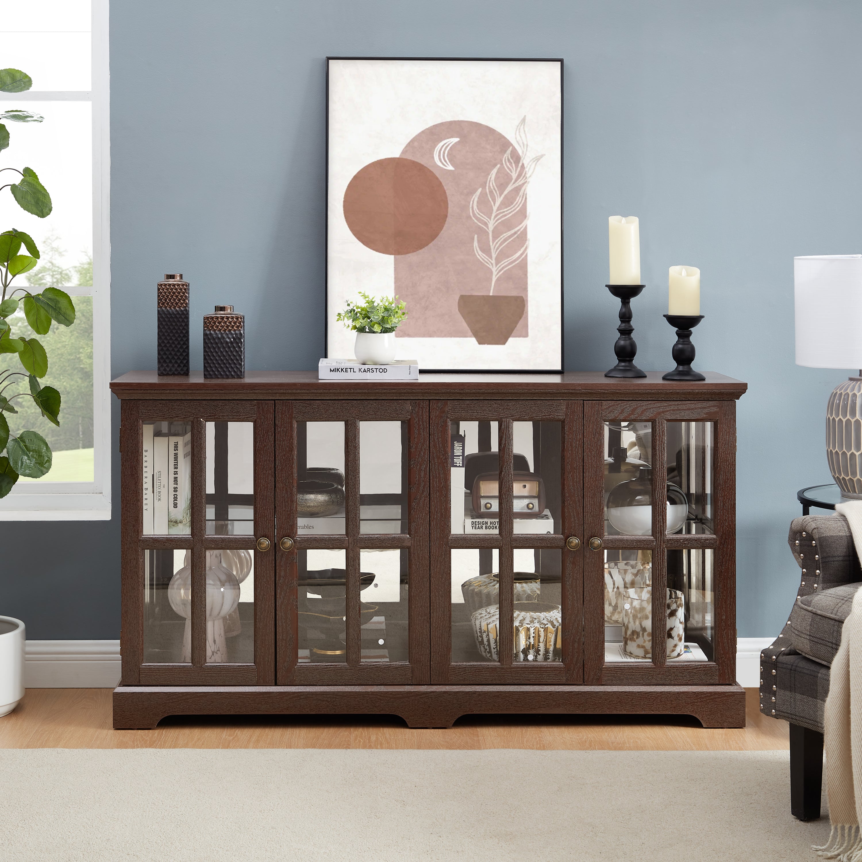 LED Curio Display Cabinet Antique Display Cabinet with Glass Doors Adjustable Shelves for Collectibles Four Door Design Vintage Showcase for Home or Office Antique Display Case CHERRY - Grand Goldman Shop