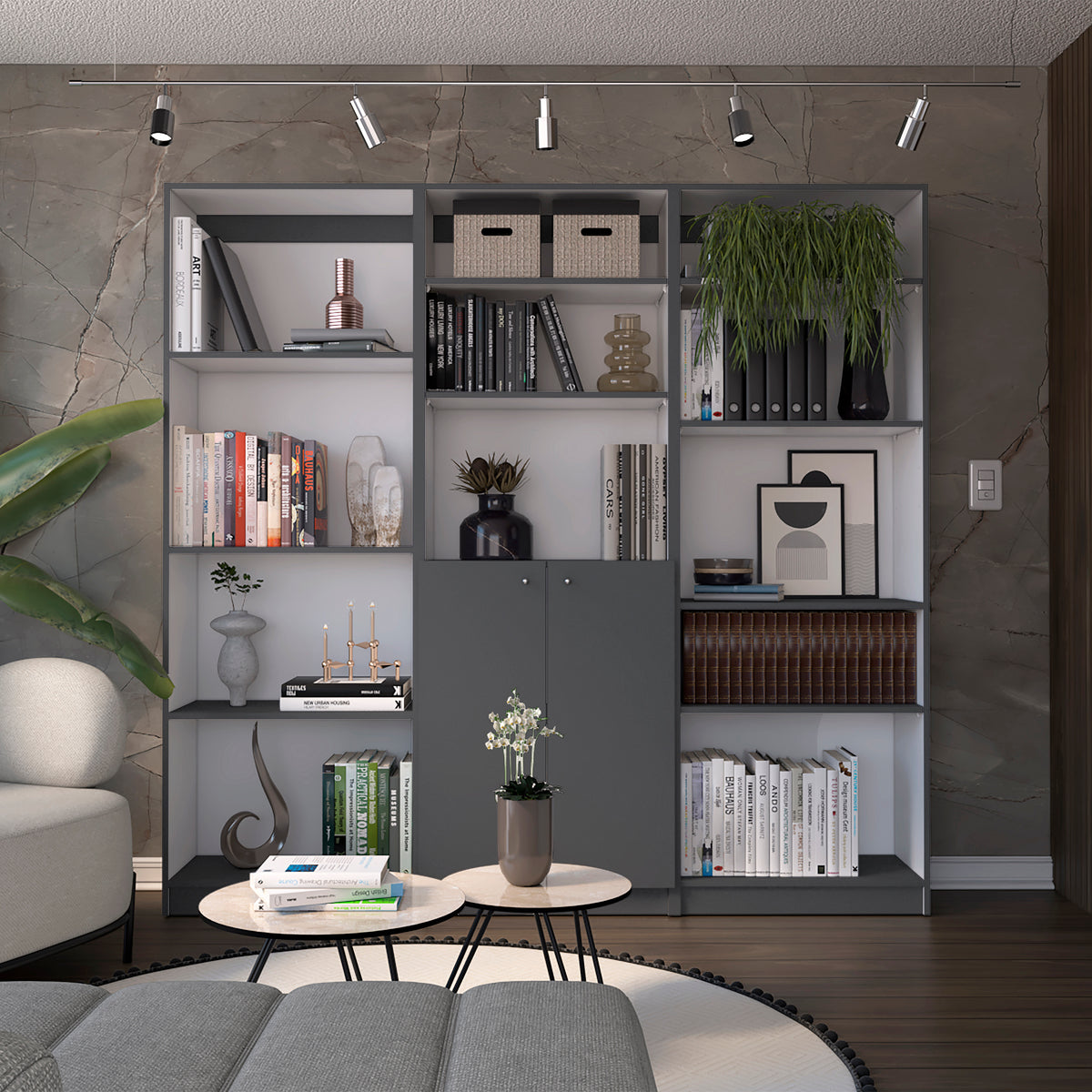 Aynor 3 Piece Home Bookcase set, 74' Wide with 12 Shelves and 2-door Cabinet ,  Living Room Set  Matt Gray / White - Grand Go