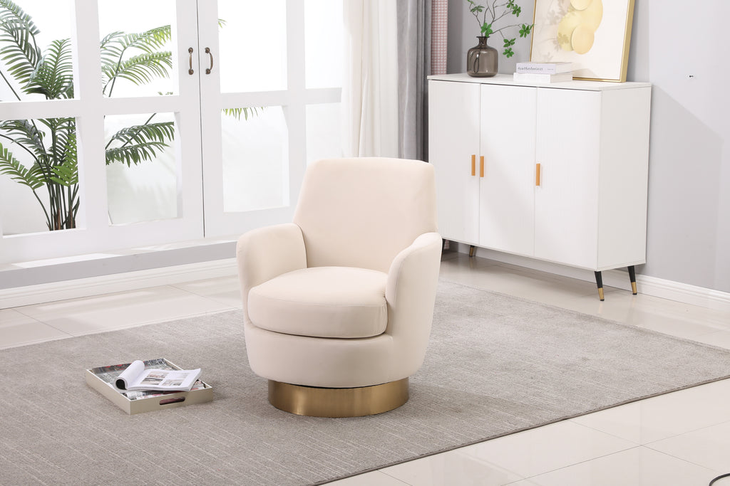 Velvet Swivel Barrel Chair, Swivel Accent Chairs Armchair for Living Room, Reading Chairs for Bedroom Comfy, Round Barrel Chairs with Gold Stainless Steel Base (Beige) - Grand Goldman Shop