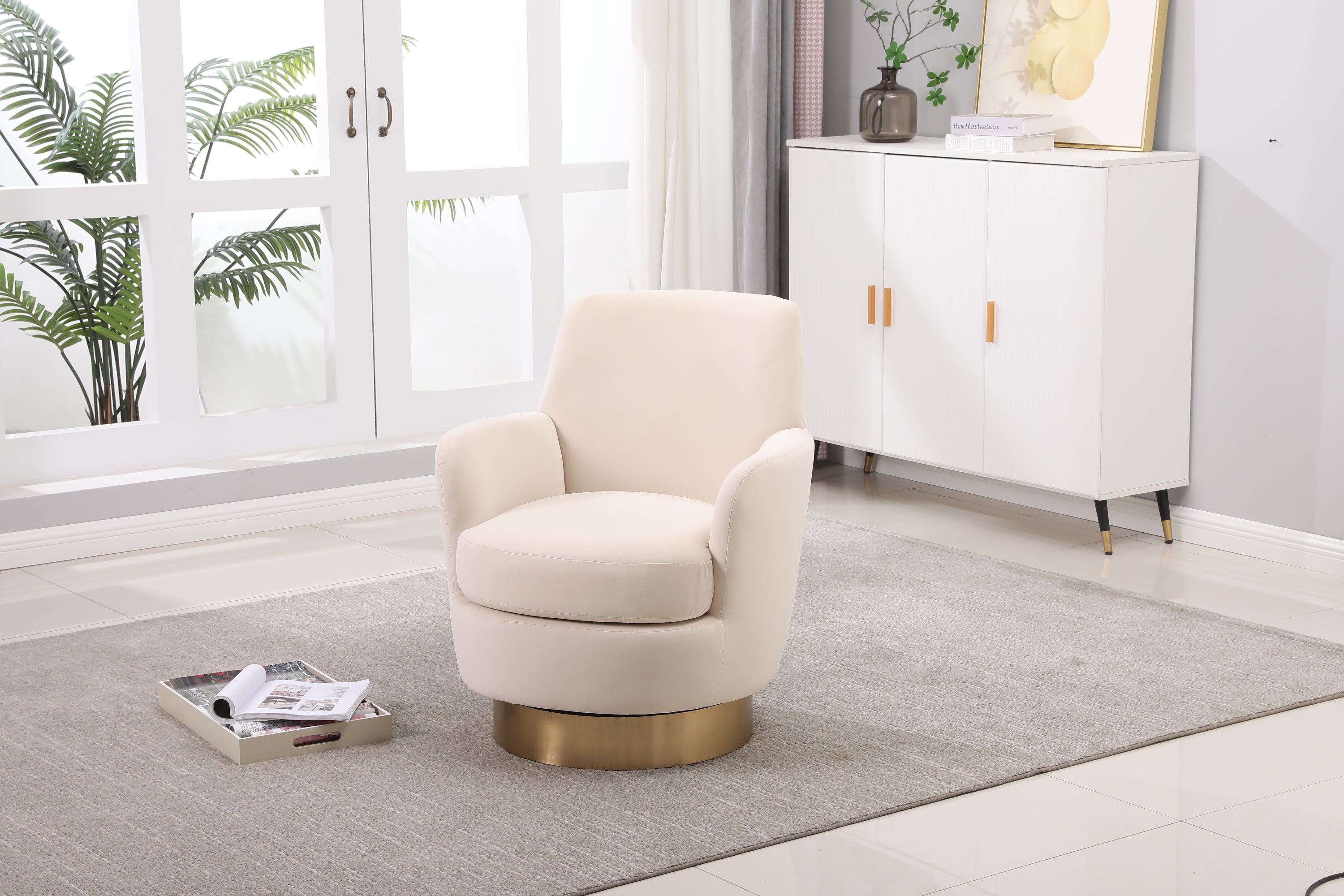 Velvet Swivel Barrel Chair, Swivel Accent Chairs Armchair for Living Room, Reading Chairs for Bedroom Comfy, Round Barrel Chairs with Gold Stainless Steel Base (Beige) - Grand Goldman Shop
