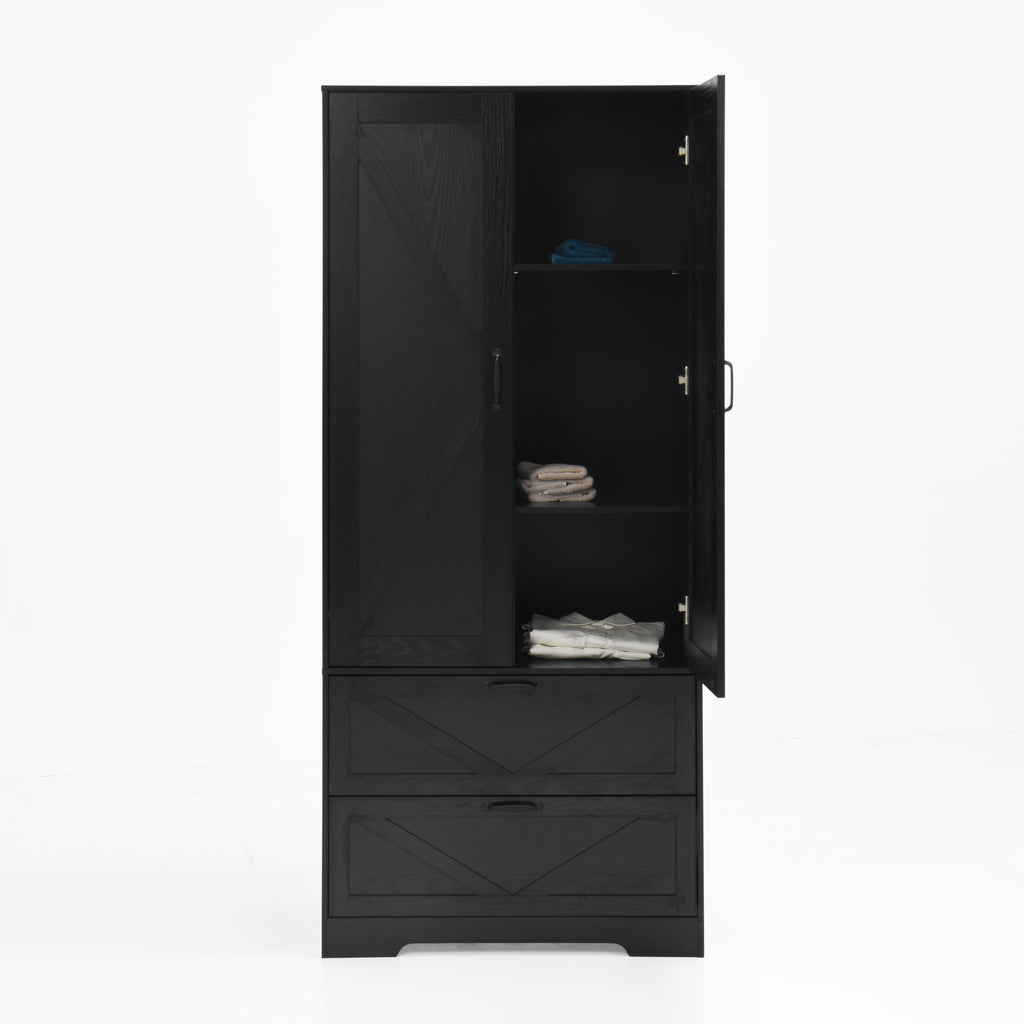 2 Door Wood Wardrobe for Bedroom with Hanging Clothing Rod inside the Cabinet and 2 Drawers for Storage Organization, Built-in induction light Multifunctional Closet with Mirror, Black - Grand Goldman Shop