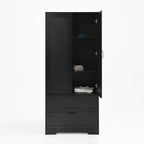 2 Door Wood Wardrobe for Bedroom with Hanging Clothing Rod inside the Cabinet and 2 Drawers for Storage Organization, Built-in induction light Multifunctional Closet with Mirror, Black - Grand Goldman Shop