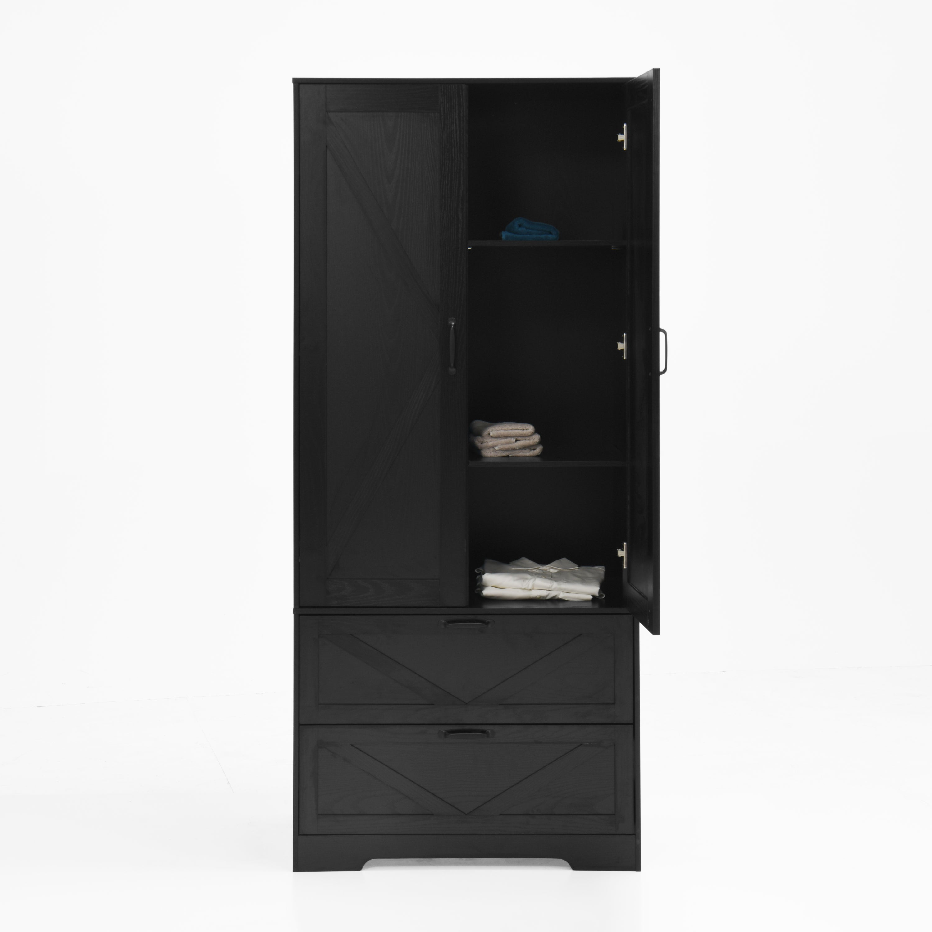 2 Door Wood Wardrobe for Bedroom with Hanging Clothing Rod inside the Cabinet and 2 Drawers for Storage Organization, Built-in induction light Multifunctional Closet with Mirror, Black - Grand Goldman Shop
